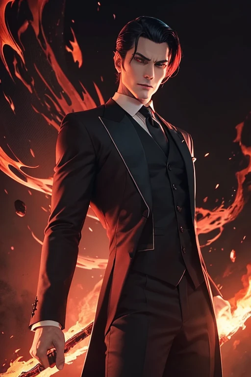 Illustrate a devil character embodying the essence of Asmodeus, a figure from lore known for its shrewd and cunning nature. Give this character an air of sophistication and intelligence, highlighting these aspects through their attire and facial expressions.This tall and slender figure could be seen wearing a dapper suit, his features sharp, his eyes glowing a sinister yet intriguing red. His hair could be black and slicked-back leaving a debonair impression. Keep in mind the environment, a dark room lit by mysterious, ethereal flames, further enhancing the devious aura of the character. 