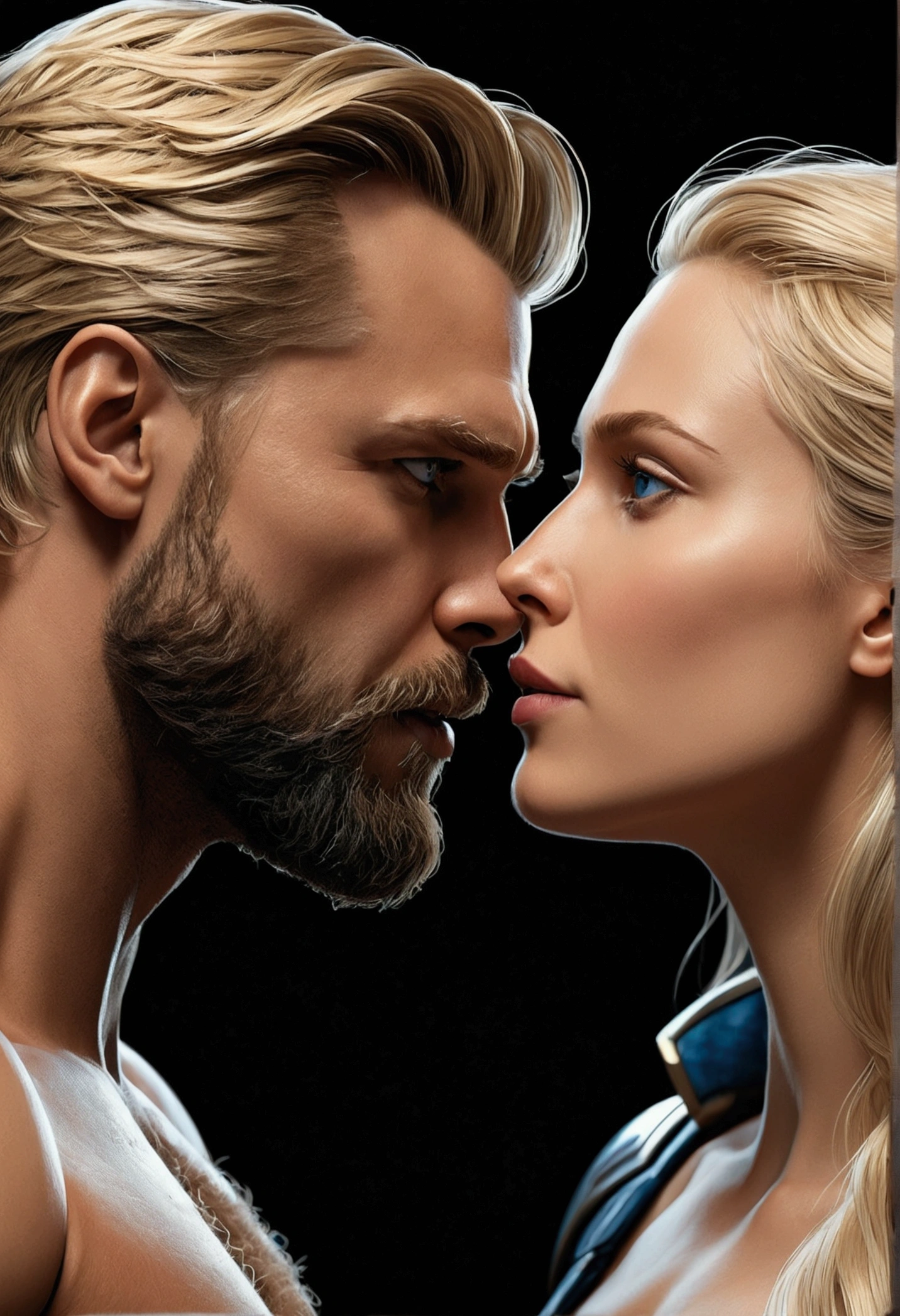 Comic book style, epic, fantasy art, full hd, realism, imponence, hyper realistic, detailed art, refined details and traits, 8K quality, dark art, different angles, thin beard, blonde short hair and blue eyes, muscular, he is without a t-shirt, translucent art, similar to thor, together with a blonde woman, realism, a couple, very close, intimate moment, demonstration of affection, lips touching each other