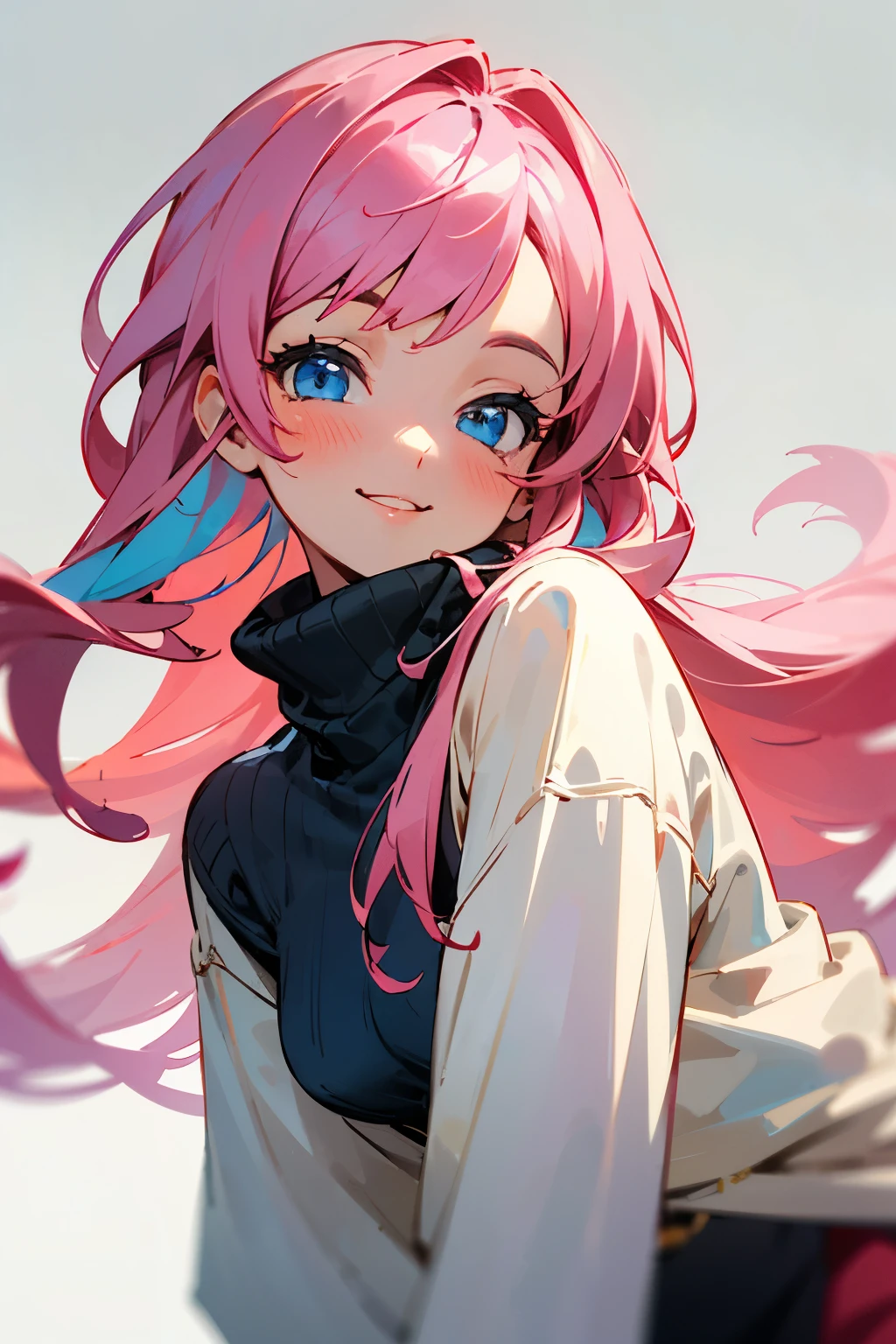 ((Best Quality)), ((Masterpiece)), (detailed), 1 girl, retro turtleneck loose sweater One,
Pink hair, ￼Bright blue detailed eyes￼, Long Hair, Smile, Blush, Looking at viewer, Detail, Super Detailed, Long Hair, 