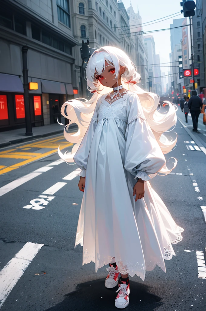 A brunette kids cute kawaii appearance beautiful angelic dark skin white hair red eyes with voluminous curly white hair long white hair with a lace dress full body view  girl standing in the middle of the road girl with choker very chic sneakers Busy street hair flying looking at cute kawaii viewer