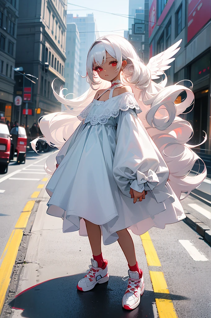 A brunette kids cute kawaii appearance beautiful angelic dark skin white hair red eyes with voluminous curly white hair long white hair with a lace dress full body view  girl standing in the middle of the road girl with choker very chic sneakers Busy street hair flying looking at cute kawaii viewer