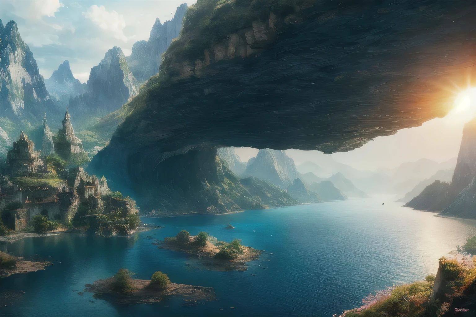 masterpiece, best quality, high quality, extremely detailed CG unity 8k wallpaper, scenery, outdoors, sky, cloud, day, no humans, mountain, landscape, water, tree, blue sky, waterfall, cliff, nature, lake, river, cloudy sky,award winning photography, Bokeh, Depth of Field, HDR, bloom, Chromatic Aberration ,Photorealistic,extremely detailed, trending on artstation, trending on CGsociety, Intricate, High Detail, dramatic, art by midjourney