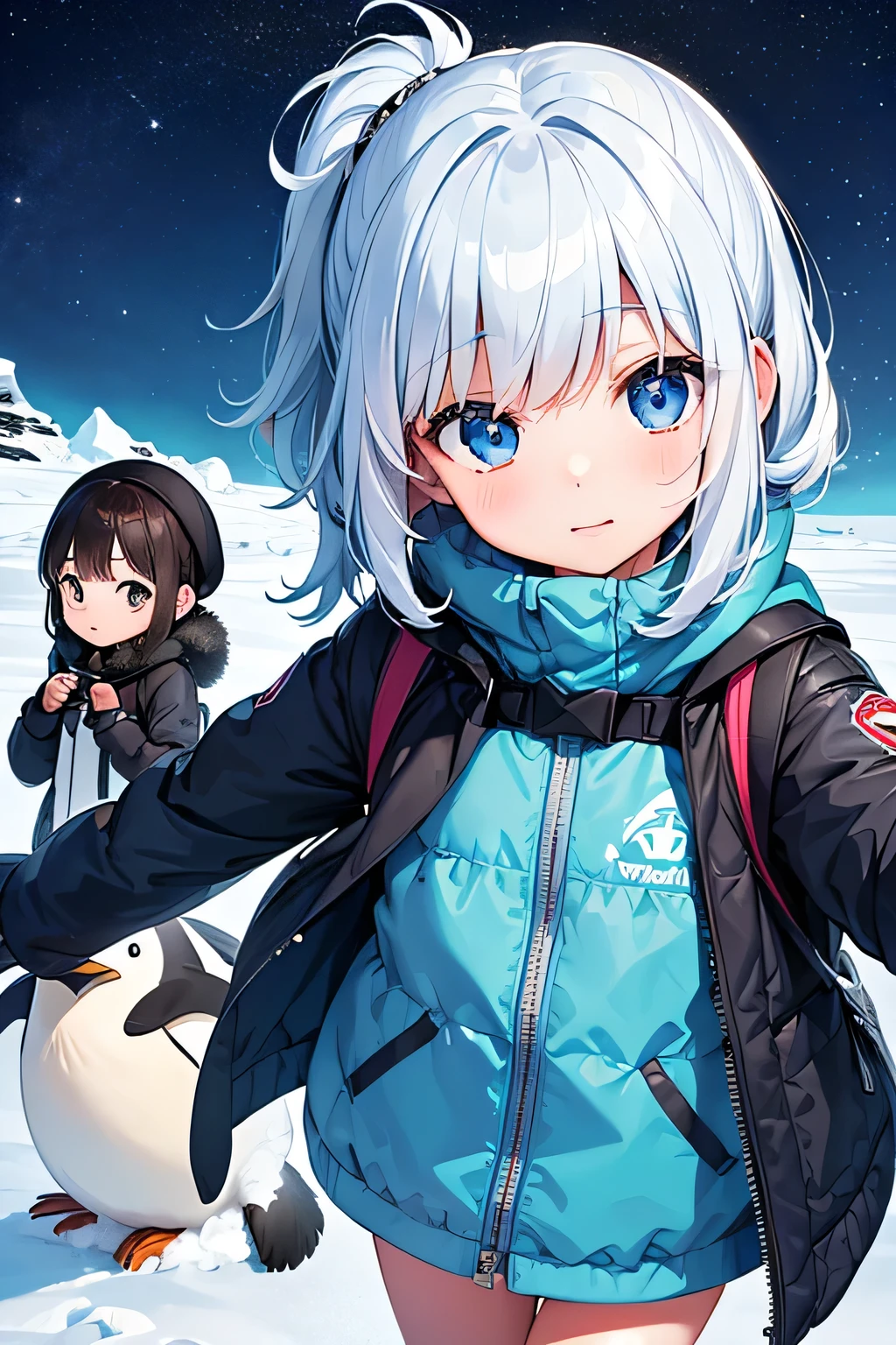 Highest quality、High resolution、Detailed Background、(Beautiful face in every detail:1.4)、Anatomically correct、(Normal number of fingers:1.2)、(Detailed eyes:1.2)、Teenage beauty、Highly detailed face、Perfect body line、Light color hair、ponytail、Bobcut、well-groomed eyebrows、cute gesture、The natural beauty of Antarctica、Enjoy in nature、The mysterious atmosphere of Antarctica、

(Two girls enjoying the nature in Antarctica:1.5)、

Small penguins wrapped in fluffy feathers look at me curiously.、I quietly approached the penguins, stretched out my hands, and enjoyed the small interactions.、Zodiac boat cruise on the ocean with giant icebergs floating、The glittering iceberg looks like a jewel box.、I&#39;m clinging to the window and admiring the magnificent view.、
The night sky is filled with stars、There are so many stars shining like I&#39;ve never seen before、While snuggling in a sleeping bag with friends and looking up at the stars「Are there aliens?？」I&#39;m talking to、
Walking on snowshoes across the white snow、They are having fun with their friends, having snowball fights and making snowmen.、
I am overwhelmed by the size of the Antarctic wilderness, but also moved by its beauty.、I find adventures with friends to be a lot of fun.、Through my experience in Antarctica, I began to think deeply about the importance of nature and global environmental issues.、The moment I stepped into the pure white world of Antarctica、The girl&#39;s eyes lit up、Every time she touched the fluffy penguins and saw the huge icebergs up close, the girl&#39;s words always『amazing！』It was full of the words、The sight of them chatting with their friends under the starry sky was like a pair of little explorers.、This experience must have been a memory that the girl will never forget.、cute