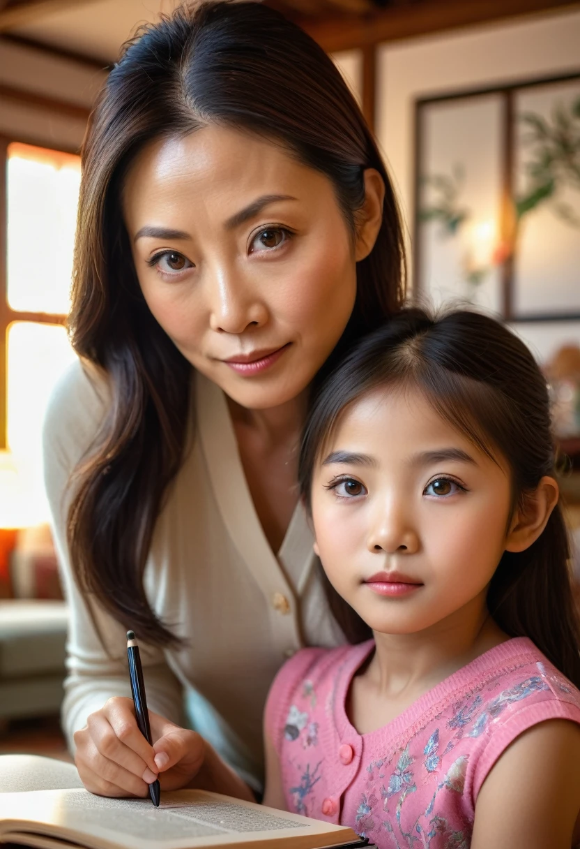 a 40-year-old japanese mother learning with her -yeld dater in the living room, realistic, photorealistic, high quality, detailed, 8k, best quality, masterpiece, detailed facial features, beautiful detailed eyes, beautiful detailed lips, extremely detailed eyes and face, long eyelashes, mother and daughter interacting, warm lighting, cozy living room setting, natural poses, bright colors, soft focus, cinematic composition
