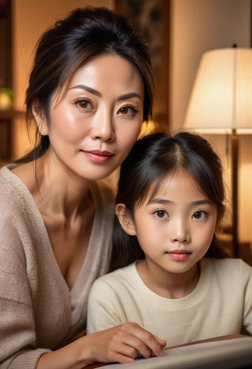 A detailed portrait of a 40 year old Japanese mother and her 10-year-old daughter learning together in the living room, beautiful detailed eyes, beautiful detailed lips, extremely detailed eyes and face, long eyelashes, warm lighting, cozy interior, photorealistic, highly detailed, masterpiece, 8K, ultra-detailed, realistic, photo-realistic, HDR, vivid colors, natural lighting, mother and daughter, teaching, learning, indoor, living room, comfortable, calming, relaxing, family. Bonding.