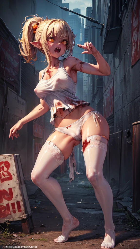 (masterpiece, highest quality, ultra high res, ultra detailed:1.3), (1 cute zombie girl:1.4), ideal ratio body proportions, full body, (white panties:1.4), cameltoe, tank top, clothes covered nipples, pleated mini skirt, dynamic angle, city, scratches, wounds, blood, fangs, zombies, 