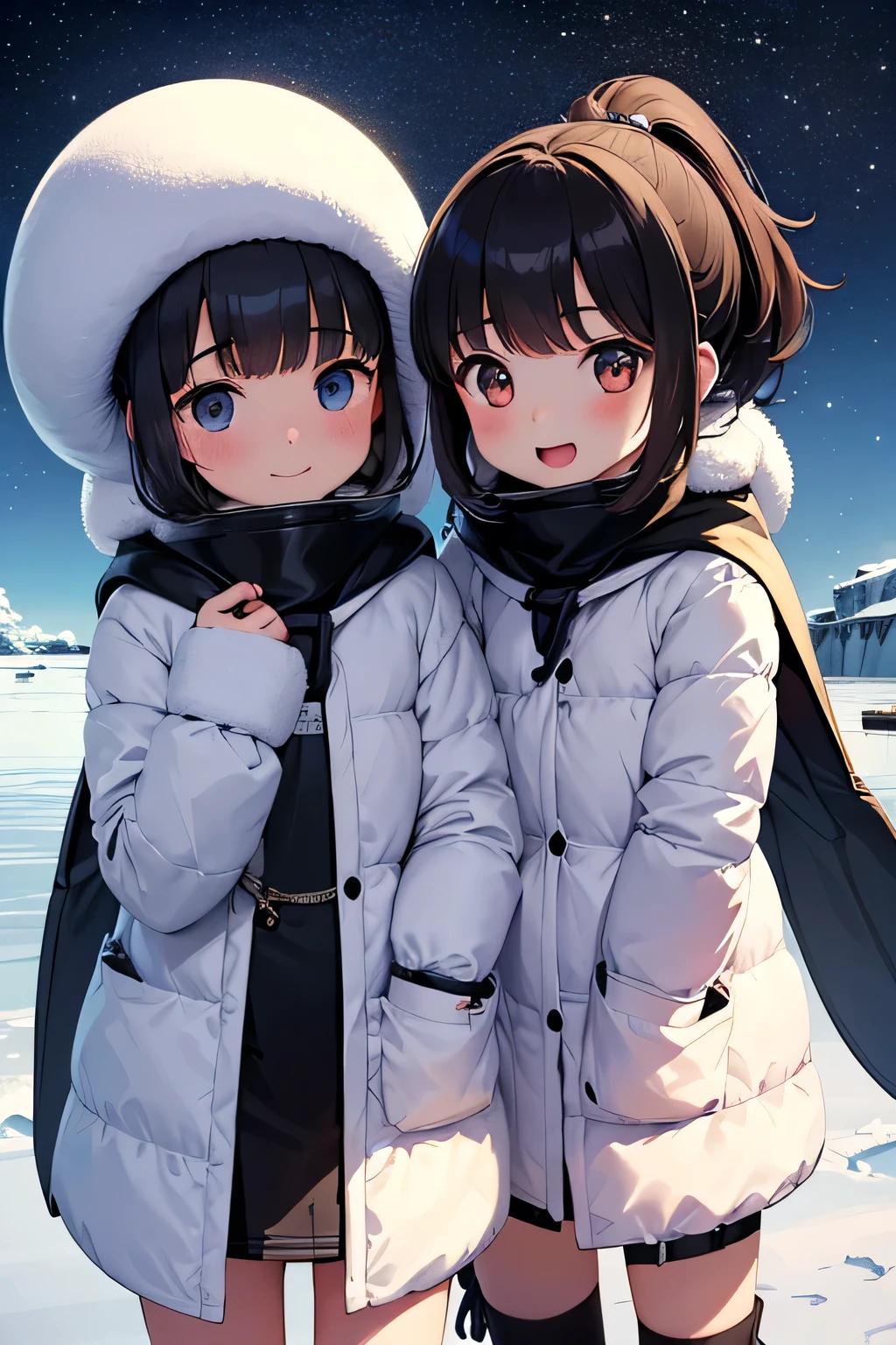 Highest quality、High resolution、Detailed Background、(Beautiful face in every detail:1.4)、Anatomically correct、(Normal number of fingers:1.2)、(Detailed eyes:1.2)、age beauty、Highly detailed face、Perfect body line、Light color hair、ponytail、Bobcut、well-groomed eyebrows、cute gesture、The natural beauty of Antarctica、Enjoy in nature、The mysterious atmosphere of Antarctica、
(Two girls enjoying the nature in Antarctica:1.5)、
Small penguins wrapped in fluffy feathers look at me curiously.、I quietly approached the penguins, stretched out my hands, and enjoyed the small interactions.、Zodiac boat cruise on the ocean with giant icebergs floating、The glittering iceberg looks like a jewel box.、I'm clinging to the window and admiring the magnificent view.、
The night sky is filled with stars、There are so many stars shining like I've never seen before、While snuggling in a sleeping bag with friends and looking up at the stars「Are there aliens??」I'm talking to、
Walking on snowshoes across the white snow、They are having fun with their friends, having snowball fights and making snowmen.、
I am overwhelmed by the size of the Antarctic wilderness, but also moved by its beauty.、I find adventures with friends to be a lot of fun.、Through my experience in Antarctica, I began to think deeply about the importance of nature and global environmental issues.、The moment I stepped into the pure white world of Antarctica、The girl's eyes lit up、Every time she touched the fluffy penguins and saw the huge icebergs up close, the girl's words always『amazing!』It was full of the words、The sight of them chatting with their friends under the starry sky was like a pair of little explorers.、This experience must have been a memory that the girl will never forget.、cute