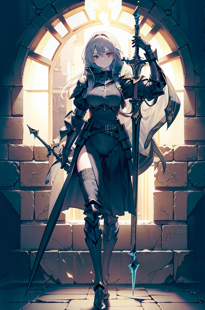 (((masterpiece, best quality, high detailed, 8k))) Design a layout showcase Gaming character, (1girl). Black|Gold clothes, stylish and unique. ((showcase weapon:1.4)), dark scythe. (masterpiece:1.2), (best quality), 4k, ultra-detailed. (Step by step design, layout art:1.5), (luminous lighting, atmospheric lighting). necromancer, ((glove full hands)), (((revealing clothes:1.3))), vambraces, armored legwear, (((full_body_shot:1.4))). {In a haunted graveyard}.