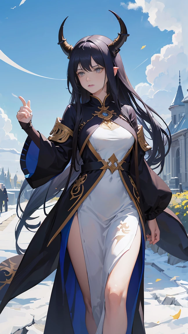 Seven Rhaeyar (Deylta), Ancient Star goddess, Perfect female anatomy (Adult Female, 166cm in height, pale skin, slim, slender, 34D breast size, Gray Eyes, Long Black Hair, Beauty Mark Mole on right cheek bone, a set of black horns on her head), Neutral facial expression, Elegant white, black and blue dress female uniform dress with gold and rope accessories and dragon motifs, View of the open blue sky with only clouds, receiving light from the front, Ethereal glow, blue petals