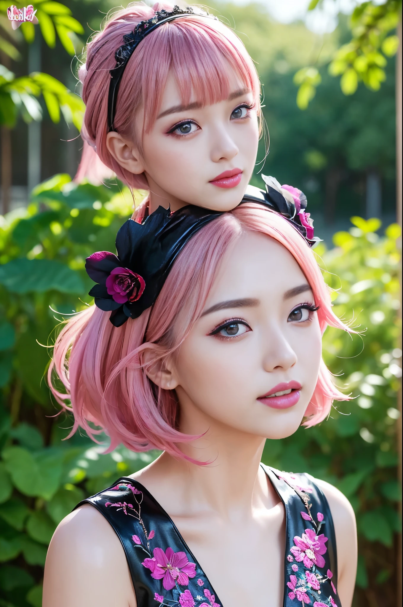 (masterpiece:1.4), (best quality:1.4), ultra high res, ultra high resolution, ((detailed facial features)), HDR, (realistic, photorealistic, photo-realistic:1.37), full body Esbian, sexy Indonesian model, (-anime), only 1 model, vivid colors, ((vivid colors multicolor (fuchsia, pink, light blue, purple) very short hair)), (big smile), lip-gloss, long lashes, ultra detailed metallic makeup, defined eyebrows, wearing a red silk Paradise Kiss cosplay dress with black floral embroidery, ((vivid colors outfit)), vivid colors, look at the camera, cinematic light, large park background with trees, sweet and sexy pose