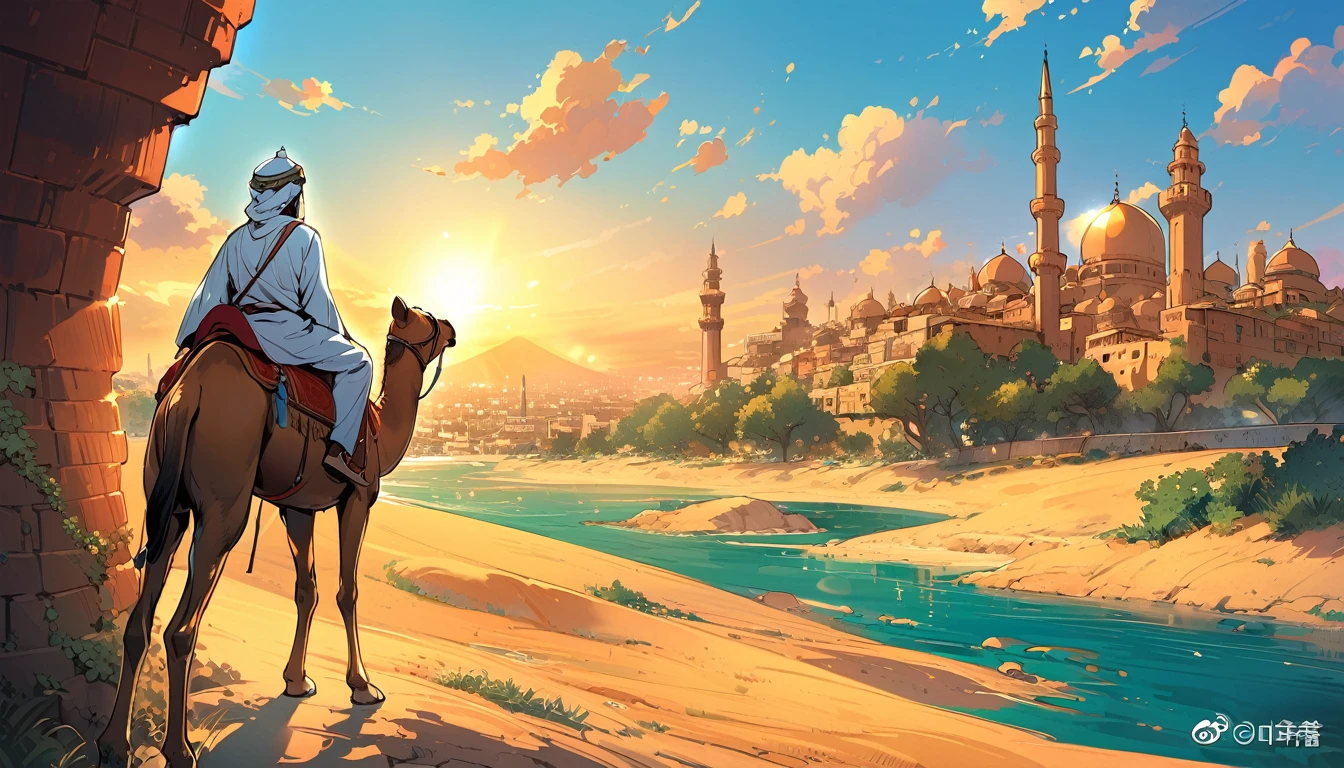 Near a shining oasis、Detailed cartoon illustration of a man wearing traditional arabic costume riding a camel。 In the background、Glamorous architecture、minaret、Depicts an Arabian city with domed buildings。 The soft golden light from the setting sun illuminates the scene.、Creates long shadows and a warm glow。 Created using: Vibrant color palette、Dynamic pose、Wide-angle view、Complex Line Drawing、Studio Ghibli Style、Atmospheric perspective、Soft Shading、High Contrast、HD quality、Natural look