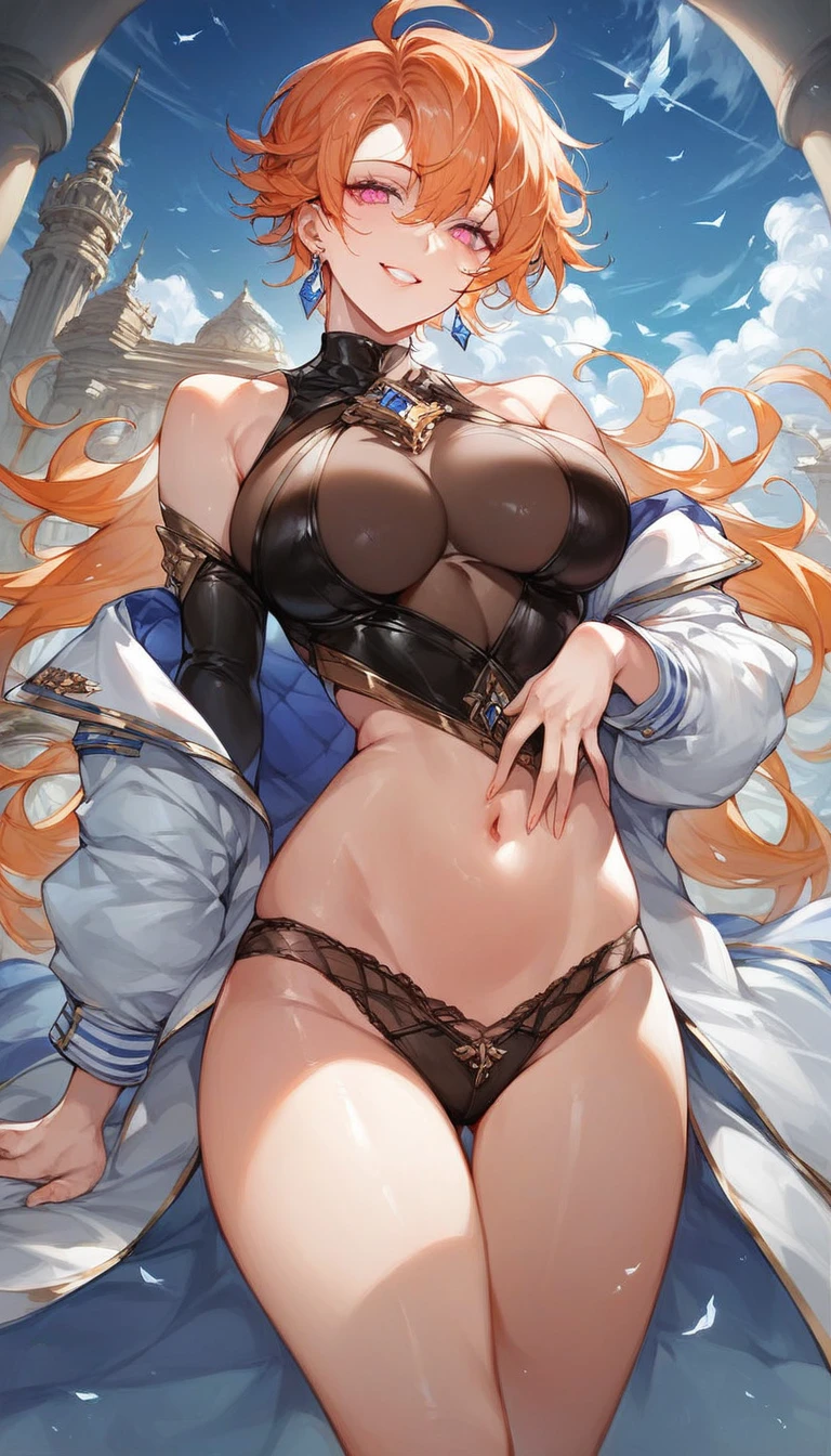 score_9_up, score_8_up, score_7_up, score_6_up, score_5_up, score_4_up, (seductive:1.1), Extreme detail, Masterpiece, Best Quality, Beautiful, High-res image, Perfect lighting, Perfect body, Perfect hands, Perfect fingers, Perfect legs, Perfect face, Extremely detailed, 8k resolutio, Very delicate and beautiful, Rating_explicit, Manga style, 1 Girl, Solo, Sexy, White skin, Pink eyes, short orange hair, provocative smile, Expression horny, Sexy thighs, wearing a tight and sexy uniform with low necklines, standing, Militar Base, afternoon, hot afternoon, cloudless sky, 