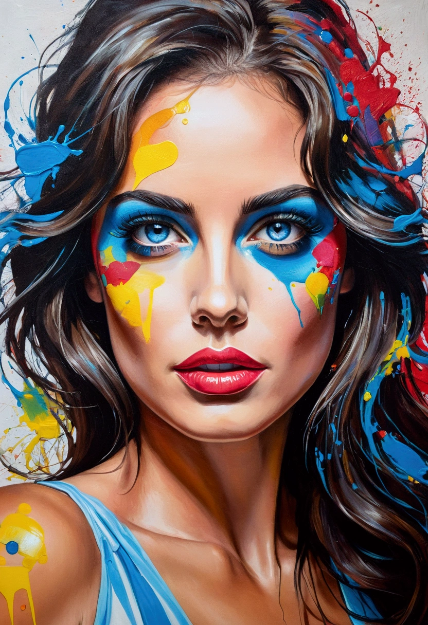 Painting of a woman with blue eyes and colorful face, Acrylic Paint on Canvas, Portrait of woman made of paint, pop art painting, acrylic on canvas, inspired by Károly Lotz, abstract portrait, Portrait made of paint, Latina Adult model Daisy Marie, colorful portrait, painted in bright watercolors, brunette woman, A pop art painting, painted in acrylic