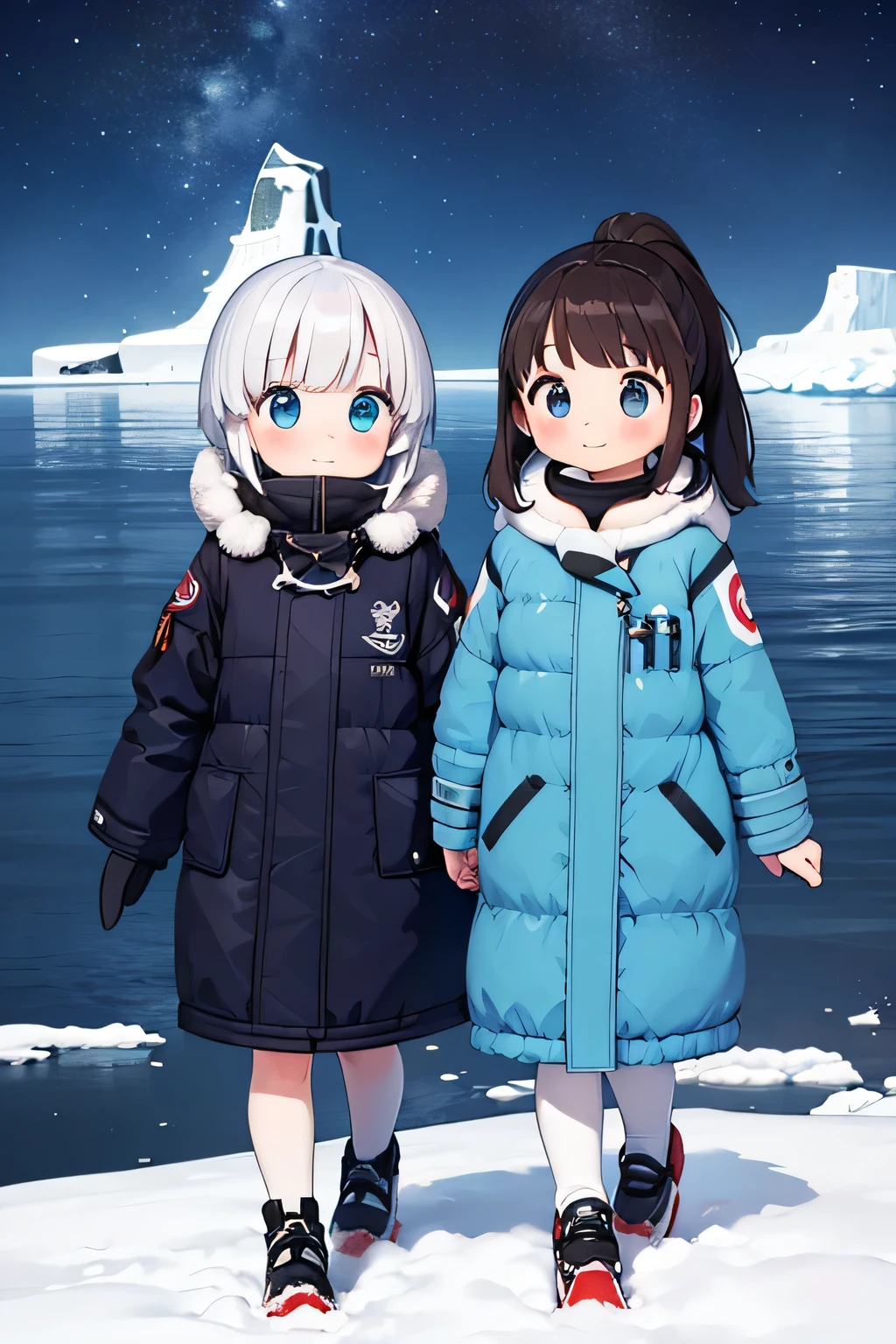 Highest quality、High resolution、Detailed Background、(Beautiful face in every detail:1.4)、Anatomically correct、(Normal number of fingers:1.2)、(Detailed eyes:1.2)、Teenage beauty、Highly detailed face、Perfect body line、Light color hair、ponytail、Bobcut、well-groomed eyebrows、cute gesture、The natural beauty of Antarctica、Enjoy in nature、The mysterious atmosphere of Antarctica、
(Two girls enjoying the nature in Antarctica:1.5)、
Small penguins wrapped in fluffy feathers look at me curiously.、I quietly approached the penguins, stretched out my hands, and enjoyed the small interactions.、Zodiac boat cruise on the ocean with giant icebergs floating、The glittering iceberg looks like a jewel box.、I'm clinging to the window and admiring the magnificent view.、
The night sky is filled with stars、There are so many stars shining like I've never seen before、While snuggling in a sleeping bag with friends and looking up at the stars「Are there aliens??」I'm talking to、
Walking on snowshoes across the white snow、They are having fun with their friends, having snowball fights and making snowmen.、
I am overwhelmed by the size of the Antarctic wilderness, but also moved by its beauty.、I find adventures with friends to be a lot of fun.、Through my experience in Antarctica, I began to think deeply about the importance of nature and global environmental issues.、The moment I stepped into the pure white world of Antarctica、The girl's eyes lit up、Every time she touched the fluffy penguins and saw the huge icebergs up close, the girl's words always『amazing!』It was full of the words、The sight of them chatting with their friends under the starry sky was like a pair of little explorers.、This experience must have been a memory that the girl will never forget.、cute