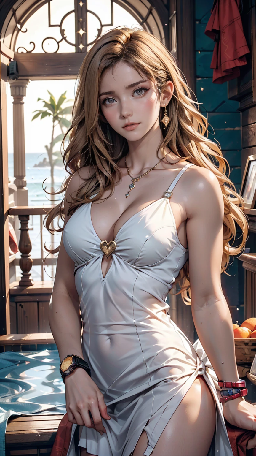 ( high quality , Super detailed, Watch your hands )Zodiac sign - Gemini Goddess , Similar to the goodness of Latin , Twin Goddesses , Curious, Skillful, Humorous, Fascinating, Imaginative faces , Sometimes unrealistic, Restless, Nervous, Careless style , Light brown eyes , Light blonde hair , Transparent dress , In the windy sea , whole body , Sexy Makeup ,