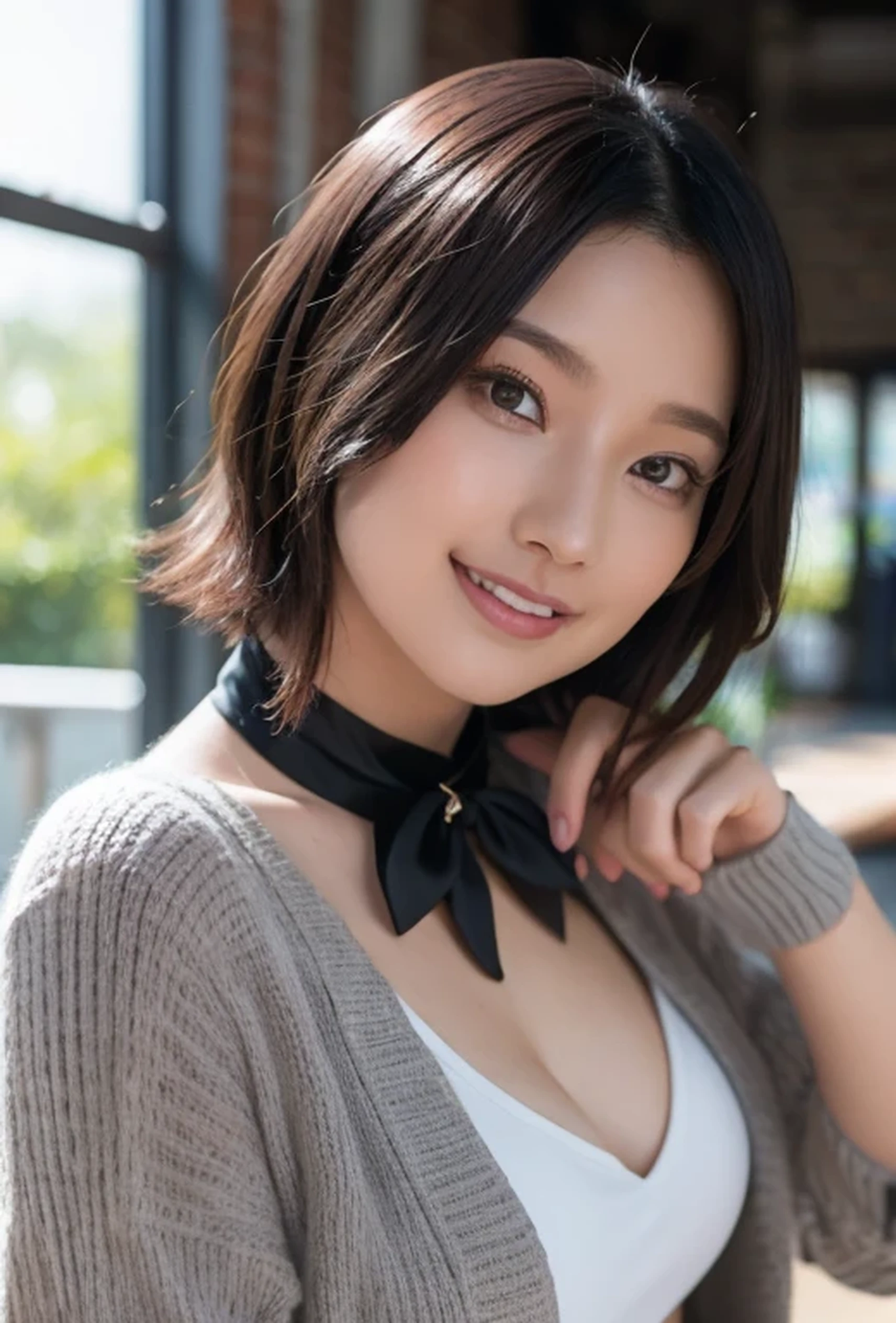 (Photorealistic:1.8, Highest quality:1.8,8K masterpiece:1.8,High resolution,Mastepiece:1.8,RAW Photos,Cinematic lighting),No split screen、morning、Good Morning、The coffee shop of the future、A woman brewing delicious coffee、23 year old girl、1Girl shop assistant、choker、uniform、mini skirt、Beautiful breasts、Beautiful thighs、Plump nipples、(Nipples visible through clothing)、
(Beautiful, shiny, pale, gray, black, brown hair:1.5)、smile