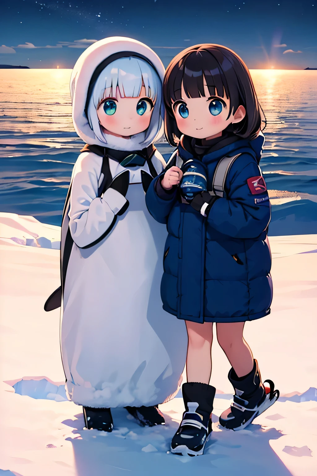 Highest quality、High resolution、Detailed Background、(Beautiful face in every detail:1.4)、Anatomically correct、(Normal number of fingers:1.2)、(Detailed eyes:1.2)、Teenage beauty、Highly detailed face、Perfect body line、Light color hair、ponytail、Bobcut、well-groomed eyebrows、cute gesture、The natural beauty of Antarctica、Enjoy in nature、The mysterious atmosphere of Antarctica、
(Two girls enjoying the nature in Antarctica:1.5)、
Small penguins wrapped in fluffy feathers look at me curiously.、I quietly approached the penguins, stretched out my hands, and enjoyed the small interactions.、Zodiac boat cruise on the ocean with giant icebergs floating、The glittering iceberg looks like a jewel box.、I'm clinging to the window and admiring the magnificent view.、
The night sky is filled with stars、There are so many stars shining like I've never seen before、While snuggling in a sleeping bag with friends and looking up at the stars「Are there aliens??」I'm talking to、
Walking on snowshoes across the white snow、They are having fun with their friends, having snowball fights and making snowmen.、
I am overwhelmed by the size of the Antarctic wilderness, but also moved by its beauty.、I find adventures with friends to be a lot of fun.、Through my experience in Antarctica, I began to think deeply about the importance of nature and global environmental issues.、The moment I stepped into the pure white world of Antarctica、The girl's eyes lit up、Every time she touched the fluffy penguins and saw the huge icebergs up close, the girl's words always『amazing!』It was full of the words、The sight of them chatting with their friends under the starry sky was like a pair of little explorers.、This experience must have been a memory that the girl will never forget.、cute