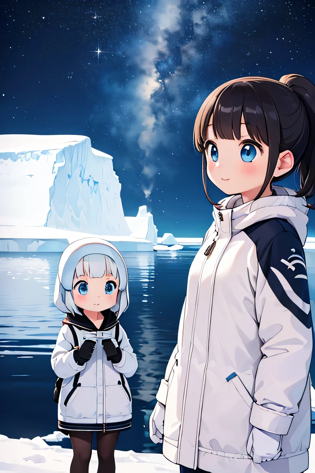 Highest quality、High resolution、Detailed Background、(Beautiful face in every detail:1.4)、Anatomically correct、(Normal number of fingers:1.2)、(Detailed eyes:1.2)、age beauty、Highly detailed face、Perfect body line、Light color hair、ponytail、Bobcut、well-groomed eyebrows、cute gesture、The natural beauty of Antarctica、Enjoy in nature、The mysterious atmosphere of Antarctica、
(Two girls enjoying the nature in Antarctica:1.5)、
Small penguins wrapped in fluffy feathers look at me curiously.、I quietly approached the penguins, stretched out my hands, and enjoyed the small interactions.、Zodiac boat cruise on the ocean with giant icebergs floating、The glittering iceberg looks like a jewel box.、I'm clinging to the window and admiring the magnificent view.、
The night sky is filled with stars、There are so many stars shining like I've never seen before、While snuggling in a sleeping bag with friends and looking up at the stars「Are there aliens??」I'm talking to、
Walking on snowshoes across the white snow、They are having fun with their friends, having snowball fights and making snowmen.、
I am overwhelmed by the size of the Antarctic wilderness, but also moved by its beauty.、I find adventures with friends to be a lot of fun.、Through my experience in Antarctica, I began to think deeply about the importance of nature and global environmental issues.、The moment I stepped into the pure white world of Antarctica、The girl's eyes lit up、Every time she touched the fluffy penguins and saw the huge icebergs up close, the girl's words always『amazing!』It was full of the words、The sight of them chatting with their friends under the starry sky was like a pair of little explorers.、This experience must have been a memory that the girl will never forget.、cute