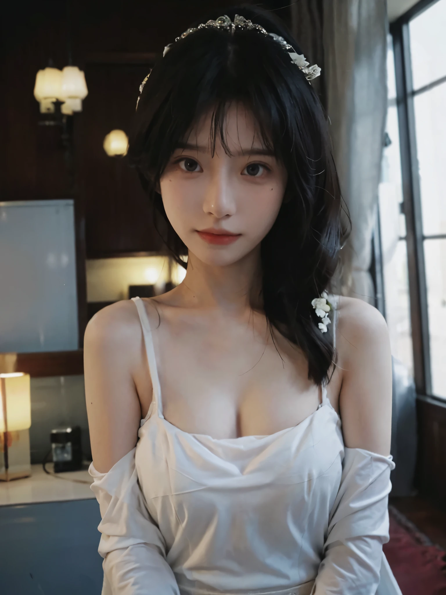 Portrait photography,1 girl,veil,Hollow wedding dress,Floor length wedding dress,Wedding dress background,(whole body:1.4),Exposed breasts,(Big breasts:1.4),(Realistic and detailed eyes,Natural skin texture,Realistic facial details),