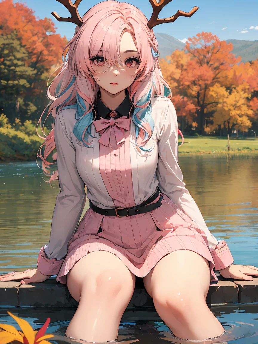 1boy, lisara restall, ((white and pink hair:1.5)),
BREAK (two-tone dress, pink belt, lycoris uniform:1.2), BREAK front view, thighs, thigh focus, outdoors, lake, grass, sitting on ground, sitting, nature, autumn, fall(season), by the lake, feet in lake, sexy, pond,
BREAK ((anime boy)), best quality, expressive eyes, perfect face, (masterpiece), best quality, expressive eyes, perfect face, ((best quality)), ((ultra-detailed)), ((an extremely delicate and beautiful)), perfect eyes, perfect body, ((synmetry eyes)), beautiful eyes, ((thick thighs)), shiny skin, soft skin, ((synmetry body)), ((perfect body)), (long hair), (curly hair), ((Half reindeer)), pink clothes, (cute appearance), ((right eye green)), ((left eye black))