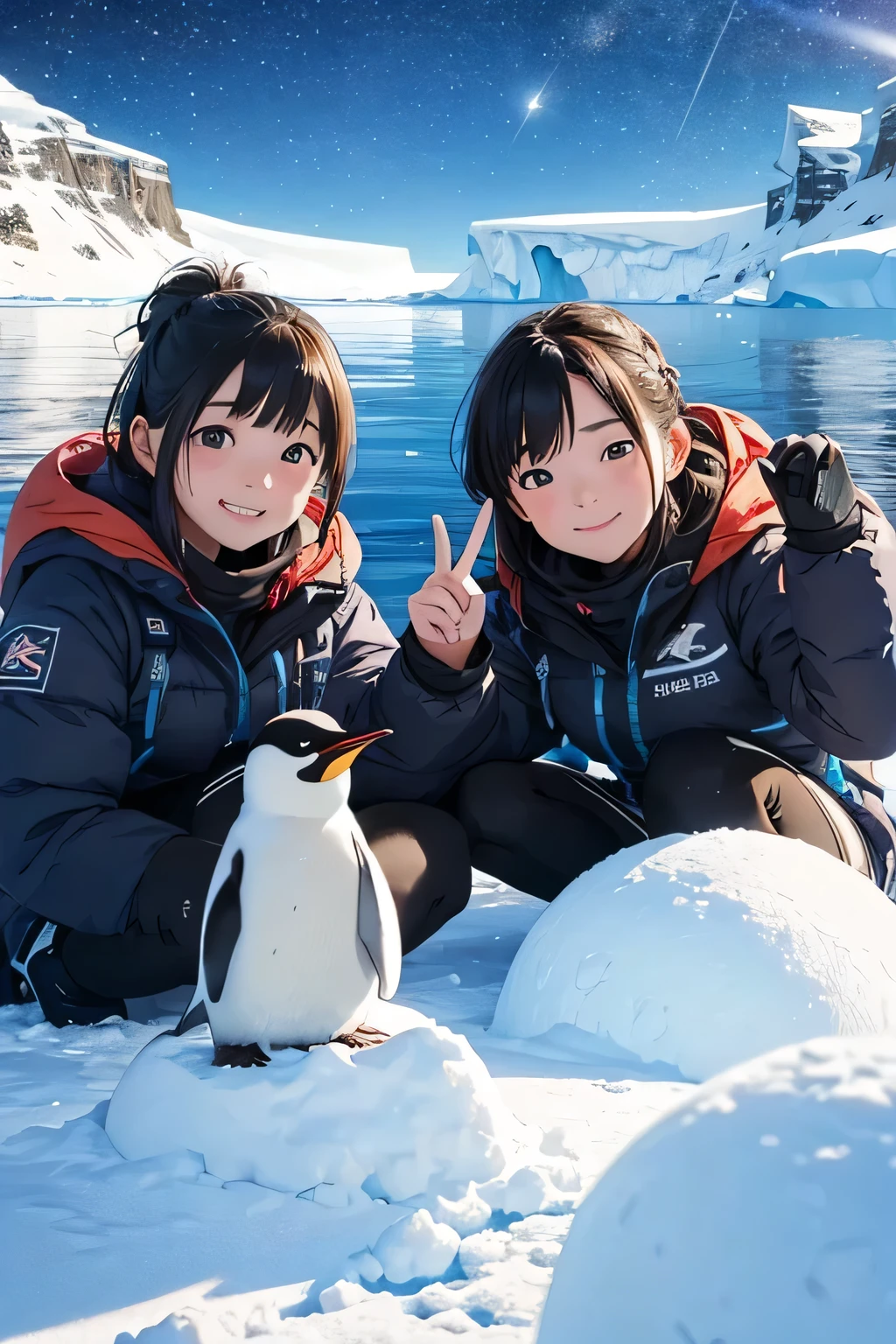 Highest quality、High resolution、Detailed Background、(Beautiful face in every detail:1.4)、Anatomically correct、(Normal number of fingers:1.2)、(Detailed eyes:1.2)、Teenage beauty、Highly detailed face、Perfect body line、Light color hair、ponytail、Bobcut、well-groomed eyebrows、cute gesture、The natural beauty of Antarctica、Enjoy in nature、The mysterious atmosphere of Antarctica、

(Two girls enjoying the nature in Antarctica:1.5)、

Small penguins wrapped in fluffy feathers look at me curiously.、I quietly approached the penguins, stretched out my hands, and enjoyed the small interactions.、Zodiac boat cruise on the ocean with giant icebergs floating、The glittering iceberg looks like a jewel box.、I&#39;m clinging to the window and admiring the magnificent view.、
The night sky is filled with stars、There are so many stars shining like I&#39;ve never seen before、While snuggling in a sleeping bag with friends and looking up at the stars「Are there aliens?？」I&#39;m talking to、
Walking on snowshoes across the white snow、They are having fun with their friends, having snowball fights and making snowmen.、
I am overwhelmed by the size of the Antarctic wilderness, but also moved by its beauty.、I find adventures with friends to be a lot of fun.、Through my experience in Antarctica, I began to think deeply about the importance of nature and global environmental issues.、The moment I stepped into the pure white world of Antarctica、The girl&#39;s eyes lit up、Every time she touched the fluffy penguins and saw the huge icebergs up close, the girl&#39;s words always『amazing！』It was full of the words、The sight of them chatting with their friends under the starry sky was like a pair of little explorers.、This experience must have been a memory that the girl will never forget.、cute