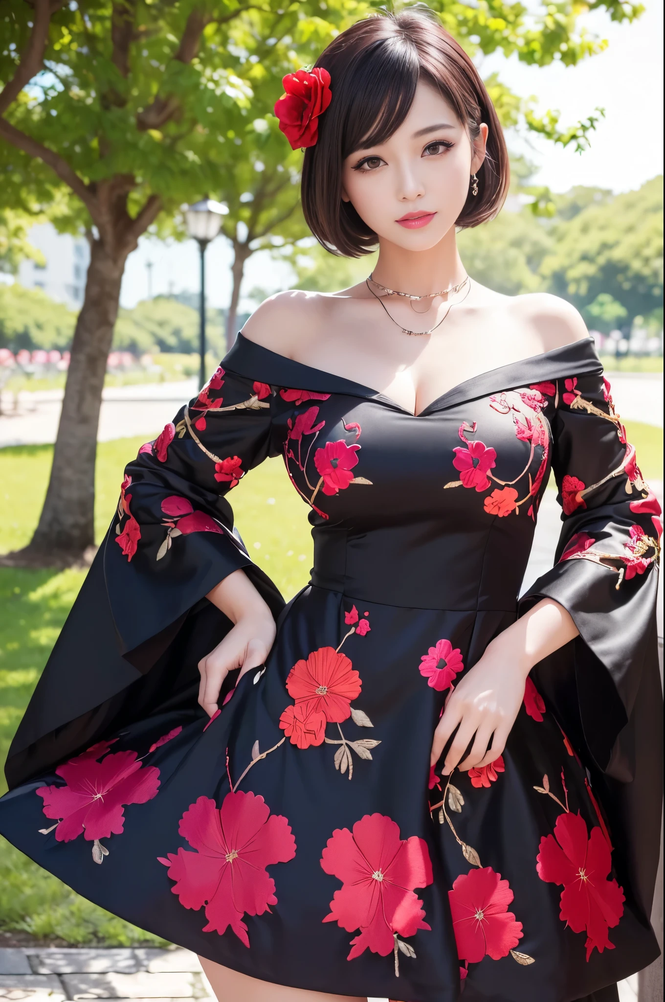 (masterpiece:1.4), (best quality:1.4), ultra high res, ultra high resolution, ((detailed facial features)), HDR, (realistic, photorealistic, photo-realistic:1.37), full body Esbian, sexy Japanese model, (-anime), only 1 model, vivid colors, ((vivid colors multicolor very short hair)), (beautiful smile), lip-gloss, long lashes, defined eyebrows, wearing large sparkling colorful jewelery, wearing a red silk Paradise Kiss cosplay dress with black floral embroidery, ((vivid colors outfit)), vivid colors, look at the camera, cinematic light, large park background with trees, sweet and sexy pose