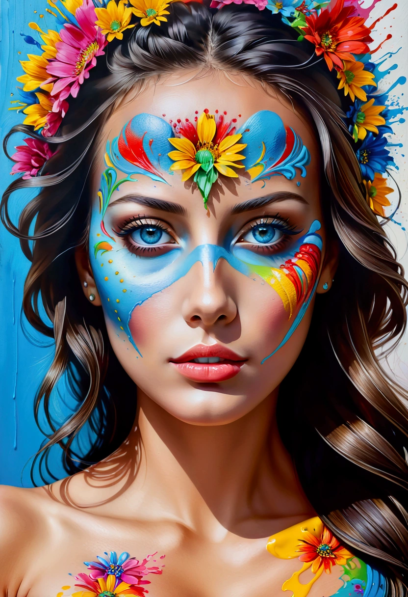 Painting of a woman with blue eyes and colorful face, Acrylic Paint on Canvas, Portrait of woman made of paint, pop art painting, acrylic on canvas, inspired by Károly Lotz, abstract portrait, Portrait made of paint, Latina Adult model Daisy Marie, colorful portrait, painted in bright watercolors, brunette woman, A pop art painting, painted in acrylic