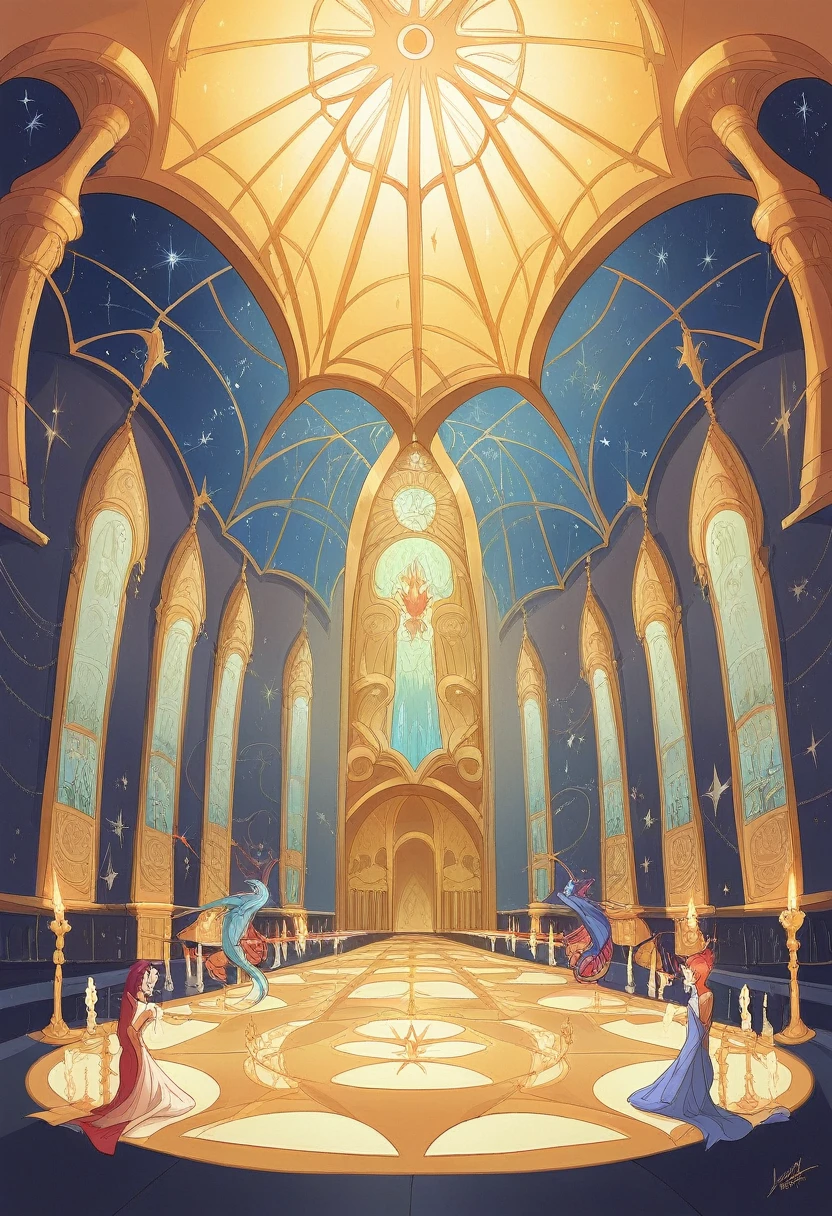 Descriptive Illustration of "Palace of Forbidden Desires" 1. Domain Overview: bottom: The domain has a starry night sky as a backdrop, with soft veils of mist floating in the air, adding an ethereal and mysterious touch. Walls and Floor: The walls are covered with dark red velvet, decorated with intricate golden patterns. The floor is polished black marble., reflecting the dim lights of the environment. 2. decorations: lightning: Golden chandeliers hang from the ceiling, emitting a soft, warm light that creates dancing shadows on the walls. Scented candles are distributed throughout the space, filling the air with an intoxicating fragrance. Furniture: Luxurious sofas and chaises, upholstered in red velvet, They are arranged around the domain. Glass tables with gold legs hold wine glasses and trays of exotic fruits. 3. Manipulation Elements: Floating Illusions: Ephemeral images of opponents&#39; personal desires and fantasies float in the air, creating an enveloping and captivating atmosphere. Silk Curtains: Semi-transparent silk curtains hang from the ceiling, dividing the space into sections and creating more intimate and secret areas. 4. Ale&#39;s presence: position: Ale is located in the center of the domain, seated on an opulent throne upholstered in black velvet and adorned with gold details. outfit: Ale wears a long and elegant red silk dress, with golden details that reflect the light of the candles. His presence is magnetic and charming, radiating confidence and control. Expression: Her expression is confident and seductive., with an enigmatic smile that suggests he knows his opponents&#39; deepest desires. The image that you are going to generate for me is like the anime "I&#39;m talking to you" your domain