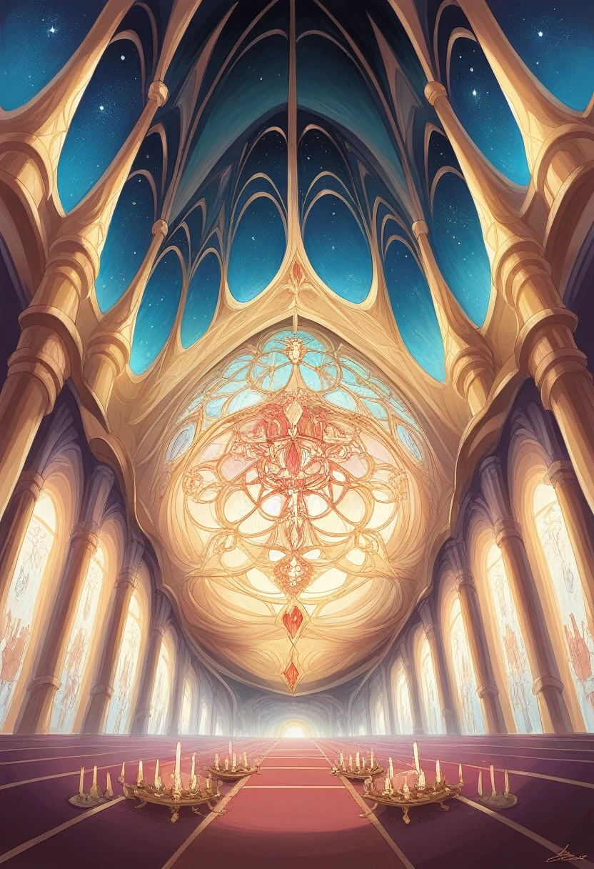 Descriptive Illustration of "Palace of Forbidden Desires" 1. Domain Overview: bottom: The domain has a starry night sky as a backdrop, with soft veils of mist floating in the air, adding an ethereal and mysterious touch. Walls and Floor: The walls are covered with dark red velvet, decorated with intricate golden patterns. The floor is polished black marble., reflecting the dim lights of the environment. 2. decorations: lightning: Golden chandeliers hang from the ceiling, emitting a soft, warm light that creates dancing shadows on the walls. Scented candles are distributed throughout the space, filling the air with an intoxicating fragrance. Furniture: Luxurious sofas and chaises, upholstered in red velvet, They are arranged around the domain. Glass tables with gold legs hold wine glasses and trays of exotic fruits. 3. Manipulation Elements: Floating Illusions: Ephemeral images of opponents' personal desires and fantasies float in the air, creating an enveloping and captivating atmosphere. Silk Curtains: Semi-transparent silk curtains hang from the ceiling, dividing the space into sections and creating more intimate and secret areas. 4. Ale's presence: position: Ale is located in the center of the domain, seated on an opulent throne upholstered in black velvet and adorned with gold details. outfit: Ale wears a long and elegant red silk dress, with golden details that reflect the light of the candles. His presence is magnetic and charming, radiating confidence and control. Expression: Her expression is confident and seductive., with an enigmatic smile that suggests he knows his opponents' deepest desires. The image that you are going to generate for me is like the anime "I'm talking to you" your domain