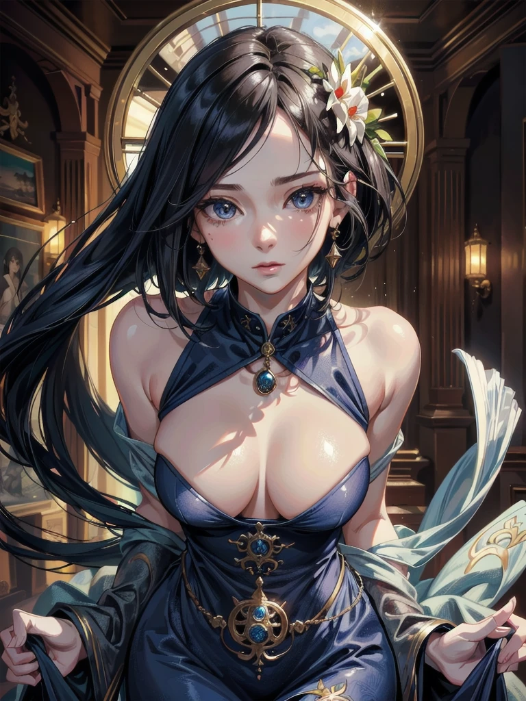 absurdres, RAW photo, extremely delicate and beautiful, masterpiece, Best Quality, ultra high resolution, 32k, hyperrealistic, ultra-detailed, detailed background, landscape, perfect anatomy, anatomically correct, perfect figure, Perfect Style, Perfect balance, super Detailed skin, in her 30s, very Slim body, narrow waist, very small head, very small face, delicate facial features, handsome detailed woman, very detailed eyes and face, realistic face proportions, Realistic beautiful face, Realistic beautiful eyes, tearful mole, earring, very huge round tits, whole body shot, medium hair, asymmetrical hair, indoor, indigo cheongsam,