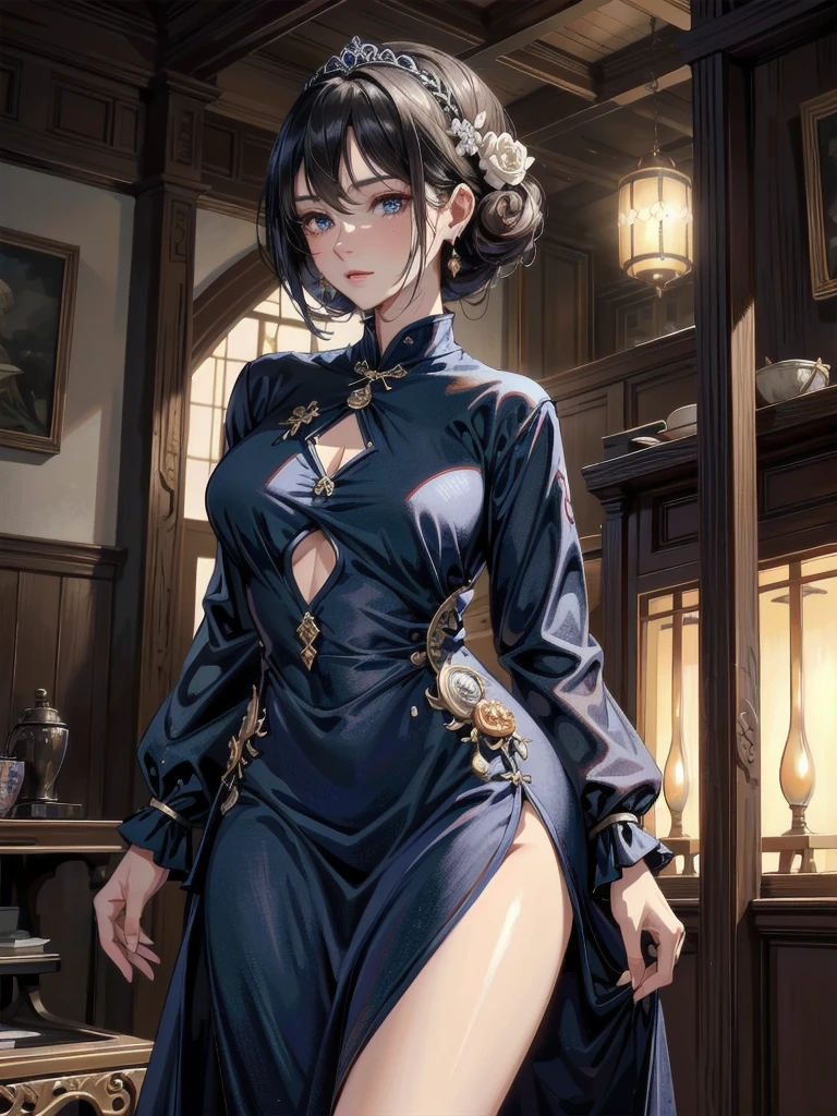 absurdres, RAW photo, extremely delicate and beautiful, masterpiece, Best Quality, ultra high resolution, 32k, hyperrealistic, ultra-detailed, detailed background, landscape, perfect anatomy, anatomically correct, perfect figure, Perfect Style, Perfect balance, super Detailed skin, in her 30s, very Slim body, narrow waist, very small head, very small face, delicate facial features, handsome detailed woman, very detailed eyes and face, realistic face proportions, Realistic beautiful face, Realistic beautiful eyes, tearful mole, earring, very huge round tits, whole body shot, medium hair, asymmetrical hair, indoor, indigo cheongsam,