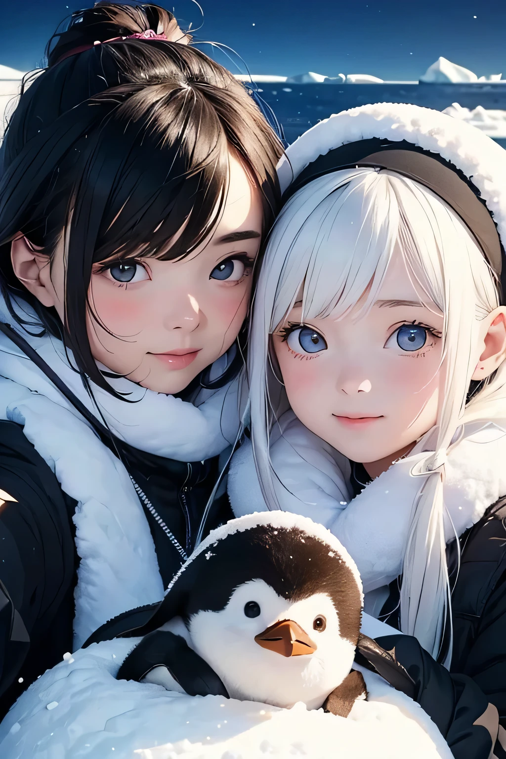 Highest quality、High resolution、Detailed Background、(Beautiful face in every detail:1.4)、Anatomically correct、(Normal number of fingers:1.2)、(Detailed eyes:1.2)、Teenage beauty、Highly detailed face、Perfect body line、Light color hair、ponytail、Bobcut、well-groomed eyebrows、cute gesture、The natural beauty of Antarctica、Enjoy in nature、The mysterious atmosphere of Antarctica、
(Two girls enjoying the nature in Antarctica:1.5)、
Small penguins wrapped in fluffy feathers look at me curiously.、I quietly approached the penguins, stretched out my hands, and enjoyed the small interactions.、Zodiac boat cruise on the ocean with giant icebergs floating、The glittering iceberg looks like a jewel box.、I'm clinging to the window and admiring the magnificent view.、
The night sky is filled with stars、There are so many stars shining like I've never seen before、While snuggling in a sleeping bag with friends and looking up at the stars「Are there aliens??」I'm talking to、
Walking on snowshoes across the white snow、They are having fun with their friends, having snowball fights and making snowmen.、
I am overwhelmed by the size of the Antarctic wilderness, but also moved by its beauty.、I find adventures with friends to be a lot of fun.、Through my experience in Antarctica, I began to think deeply about the importance of nature and global environmental issues.、The moment I stepped into the pure white world of Antarctica、The girl's eyes lit up、Every time she touched the fluffy penguins and saw the huge icebergs up close, the girl's words always『amazing!』It was full of the words、The sight of them chatting with their friends under the starry sky was like a pair of little explorers.、This experience must have been a memory that the girl will never forget.、cute