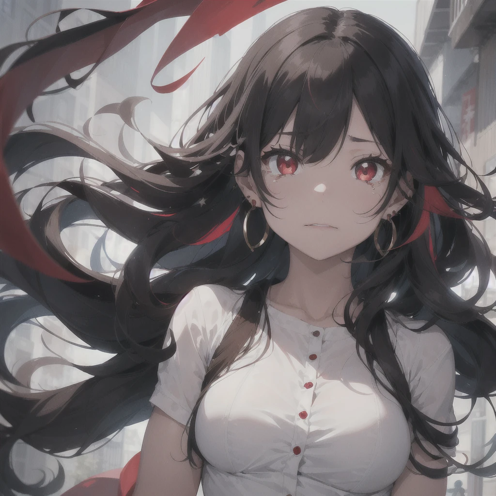 1girl, Solo, Long Hair, Black Hair, wavy hair with red highlights,Bangs, Red Eyes, Earrings, Tears, Frown, Crying, Crying With Eyes Open, Sad, Simple background, medium breasts, Earrings, Crystal Earrings, upper boddy, High Resolution, High Details, Super Detailed, Looking at viewer,