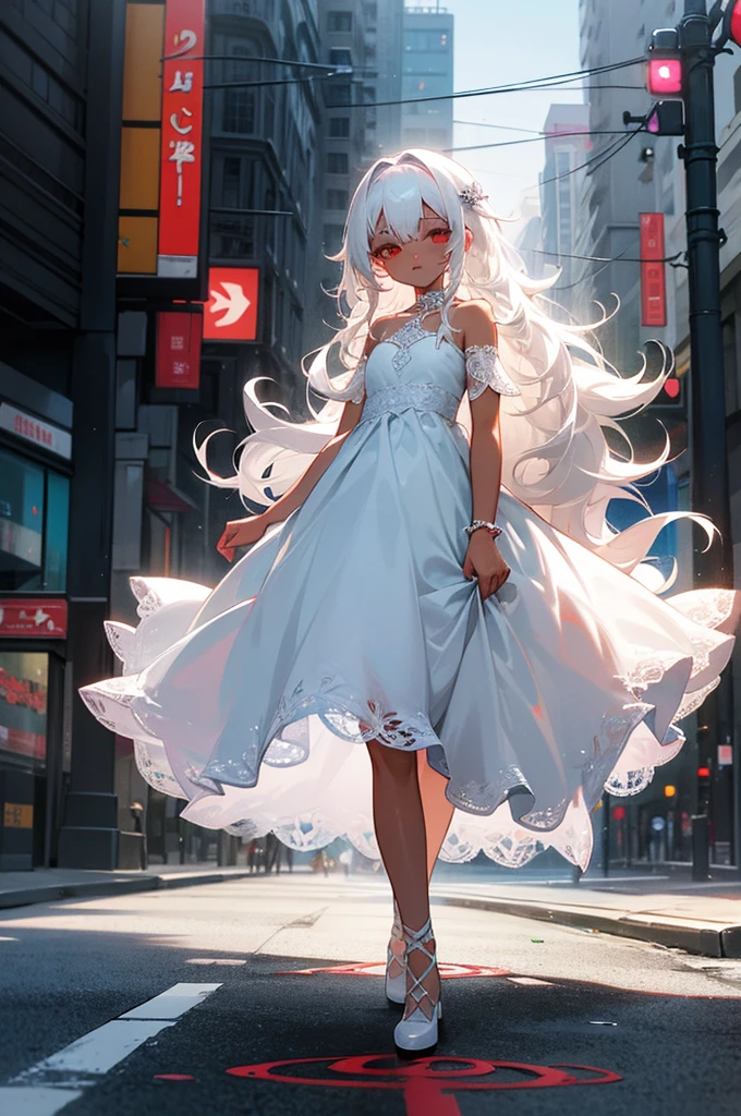 A brunette kids cute kawaii appearance beautiful angelic dark skin white hair red eyes with voluminous curly white hair long white hair with a simple lace dress full body view  girl standing in the middle of the road girl with choker Busy street looking at the viewer cute kawaii