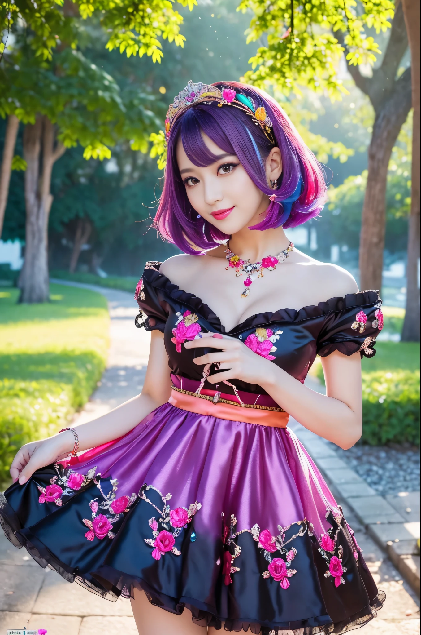 (masterpiece:1.4), (best quality:1.4), ultra high res, ultra high resolution, ((detailed facial features)), HDR, (realistic, photorealistic, photo-realistic:1.37), full body Esbian, sexy Thai model, (-anime), vivid colors, ((vivid colors multicolor (pink, fuchsia, purple) very short hair)), (happy smile), lip-gloss, long lashes, ultra detailed metallic makeup, defined eyebrows, wearing large sparkling colorful jewelery, wearing a red silk Paradise Kiss cosplay dress with black floral embroidery, ((vivid colors outfit)), vivid colors, look at the camera, cinematic light, large park background with trees, sweet and sexy pose