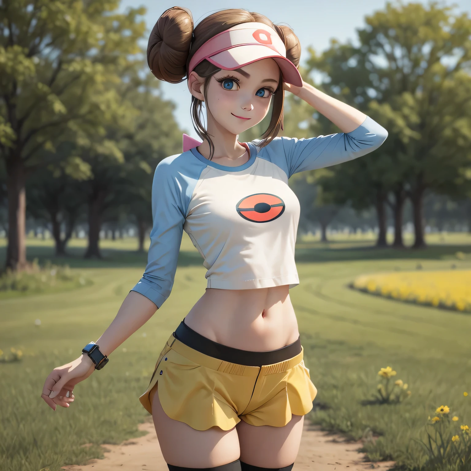 masterpiece, best quality, high resolution, ro1, hair bun, blue eyes, twintails, cap with visor, tights, raglan sleeves, yellow shorts, shirt, pink bow, wrist watch, standing, cowboy shot , field, \(basic\) pokeball, smile, perfect body, thin waist, perfect body, hot girl, ::slin hot girl, slim girl 