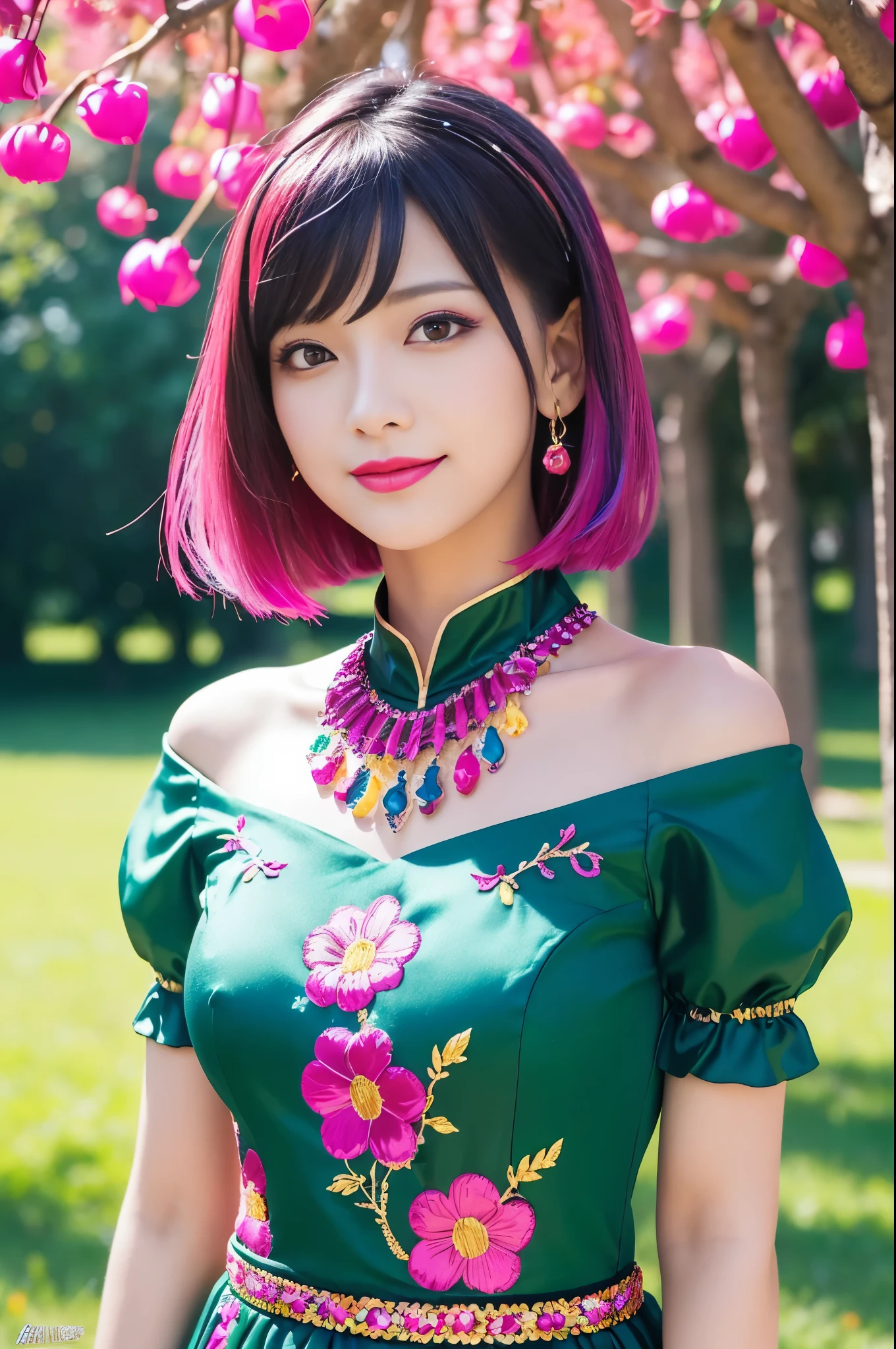 (masterpiece:1.4), (best quality:1.4), ultra high res, ultra high resolution, ((detailed facial features)), HDR, (realistic, photorealistic, photo-realistic:1.37), full body Esbian, sexy Thai model, (-anime), vivid colors, ((vivid colors multicolor (pink, fuchsia, purple) very short hair)), (happy smile), lip-gloss, long lashes, ultra detailed metallic makeup, defined eyebrows, wearing large sparkling colorful jewelery, wearing a red silk Paradise Kiss cosplay dress with black floral embroidery, ((vivid colors outfit)), vivid colors, look at the camera, cinematic light, large park background with trees, sweet and sexy pose