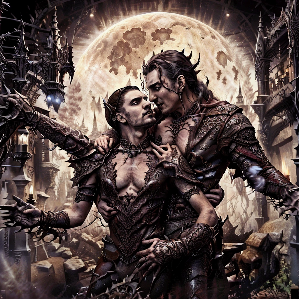 a couple of vampires are hugging in front of a full moon, castelvania, castlevania, castlevania inspired, vampires fantasy, anime vampires, gothic romance, donato giancola and tom bagshaw, gerald brom and vincent di fate, james jean and clyde caldwell, vampre the masquerade, comic cover art, akehiko inoue and ross tran