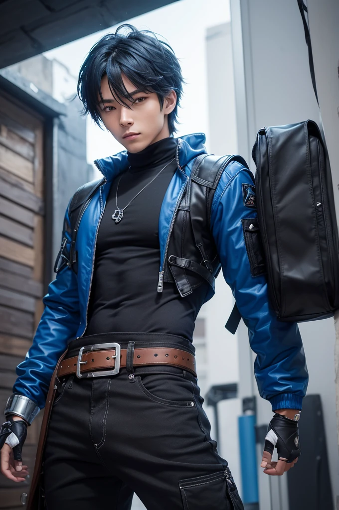 Create a character with blue hair and a black hood and coat