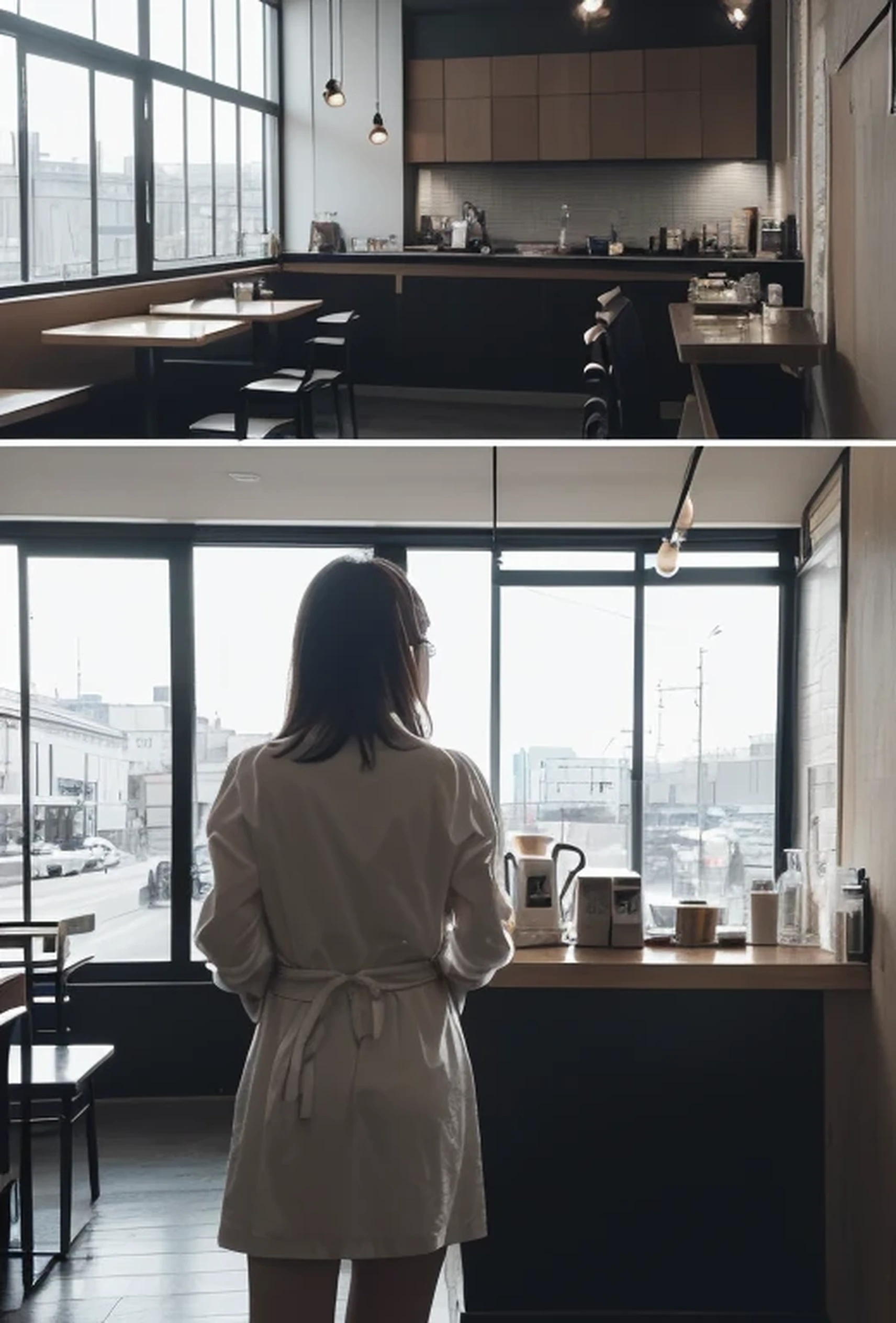 (Photorealistic:1.8, Highest quality:1.8,8K masterpiece:1.8,High resolution,Mastepiece:1.8,RAW Photos,Cinematic lighting,lighting from behind,No split screen)、((Flat Color))、morning、Cafe、(A woman holding a coffee cup)、TWICE's Tzuyu' on pause、Knee Shot、Angle from below、 (Sunburned skin、choker、Medium chest、White Shirt、Micro denim、Wide open chest、Beautiful thighs、Plump nipples)、Random Pause、 (Medium Hair、Silver Hair:1.5)、Beautiful and detailed blue eyes、Beautiful lip、Detailed correct finger、Blushing、greet、Smile