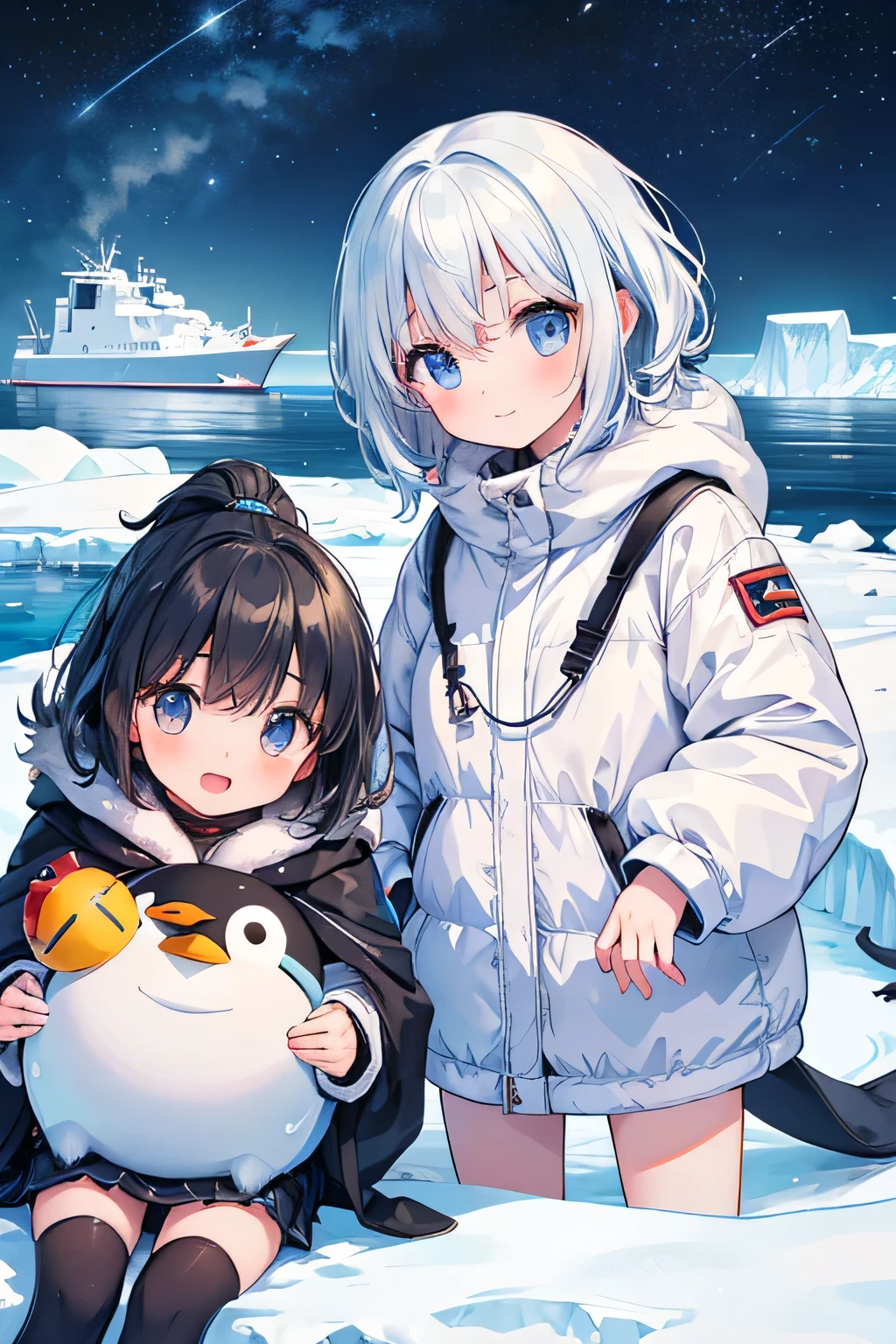 Highest quality、High resolution、Detailed Background、(Beautiful face in every detail:1.4)、Anatomically correct、(Normal number of fingers:1.2)、(Detailed eyes:1.2)、Teenage beauty、Highly detailed face、Perfect body line、Light color hair、ponytail、Bobcut、well-groomed eyebrows、cute gesture、The natural beauty of Antarctica、Enjoy in nature、The mysterious atmosphere of Antarctica、
(Two girls enjoying the nature in Antarctica:1.5)、
Small penguins wrapped in fluffy feathers look at me curiously.、I quietly approached the penguins, stretched out my hands, and enjoyed the small interactions.、Zodiac boat cruise on the ocean with giant icebergs floating、The glittering iceberg looks like a jewel box.、I'm clinging to the window and admiring the magnificent view.、
The night sky is filled with stars、There are so many stars shining like I've never seen before、While snuggling in a sleeping bag with friends and looking up at the stars「Are there aliens??」I'm talking to、
Walking on snowshoes across the white snow、They are having fun with their friends, having snowball fights and making snowmen.、
I am overwhelmed by the size of the Antarctic wilderness, but also moved by its beauty.、I find adventures with friends to be a lot of fun.、Through my experience in Antarctica, I began to think deeply about the importance of nature and global environmental issues.、The moment I stepped into the pure white world of Antarctica、The girl's eyes lit up、Every time she touched the fluffy penguins and saw the huge icebergs up close, the girl's words always『amazing!』It was full of the words、The sight of them chatting with their friends under the starry sky was like a pair of little explorers.、This experience must have been a memory that the girl will never forget.、cute