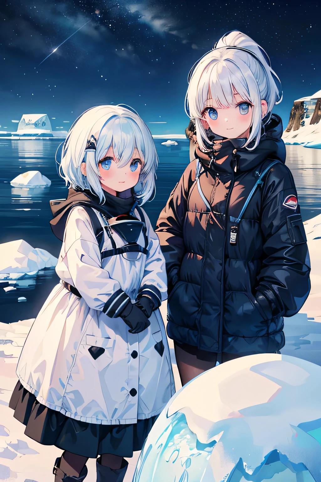 Highest quality、High resolution、Detailed Background、(Beautiful face in every detail:1.4)、Anatomically correct、(Normal number of fingers:1.2)、(Detailed eyes:1.2)、Teenage beauty、Highly detailed face、Perfect body line、Light color hair、ponytail、Bobcut、well-groomed eyebrows、cute gesture、The natural beauty of Antarctica、Enjoy in nature、The mysterious atmosphere of Antarctica、

(Two girls enjoying the nature in Antarctica:1.5)、

Small penguins wrapped in fluffy feathers look at me curiously.、I quietly approached the penguins, stretched out my hands, and enjoyed the small interactions.、Zodiac boat cruise on the ocean with giant icebergs floating、The glittering iceberg looks like a jewel box.、I&#39;m clinging to the window and admiring the magnificent view.、
The night sky is filled with stars、There are so many stars shining like I&#39;ve never seen before、While snuggling in a sleeping bag with friends and looking up at the stars「Are there aliens?？」I&#39;m talking to、
Walking on snowshoes across the white snow、They are having fun with their friends, having snowball fights and making snowmen.、
I am overwhelmed by the size of the Antarctic wilderness, but also moved by its beauty.、I find adventures with friends to be a lot of fun.、Through my experience in Antarctica, I began to think deeply about the importance of nature and global environmental issues.、The moment I stepped into the pure white world of Antarctica、The girl&#39;s eyes lit up、Every time she touched the fluffy penguins and saw the huge icebergs up close, the girl&#39;s words always『amazing！』It was full of the words、The sight of them chatting with their friends under the starry sky was like a pair of little explorers.、This experience must have been a memory that the girl will never forget.、cute