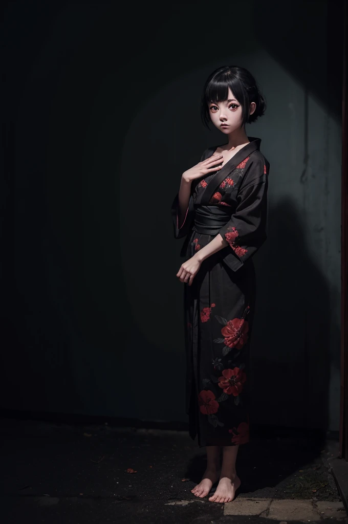 scary doll girl, short black disheveled hair, completely black eyes, wearing old and dirty yukata, four long arms, ventriloquist lines across her body, horror, (full body)