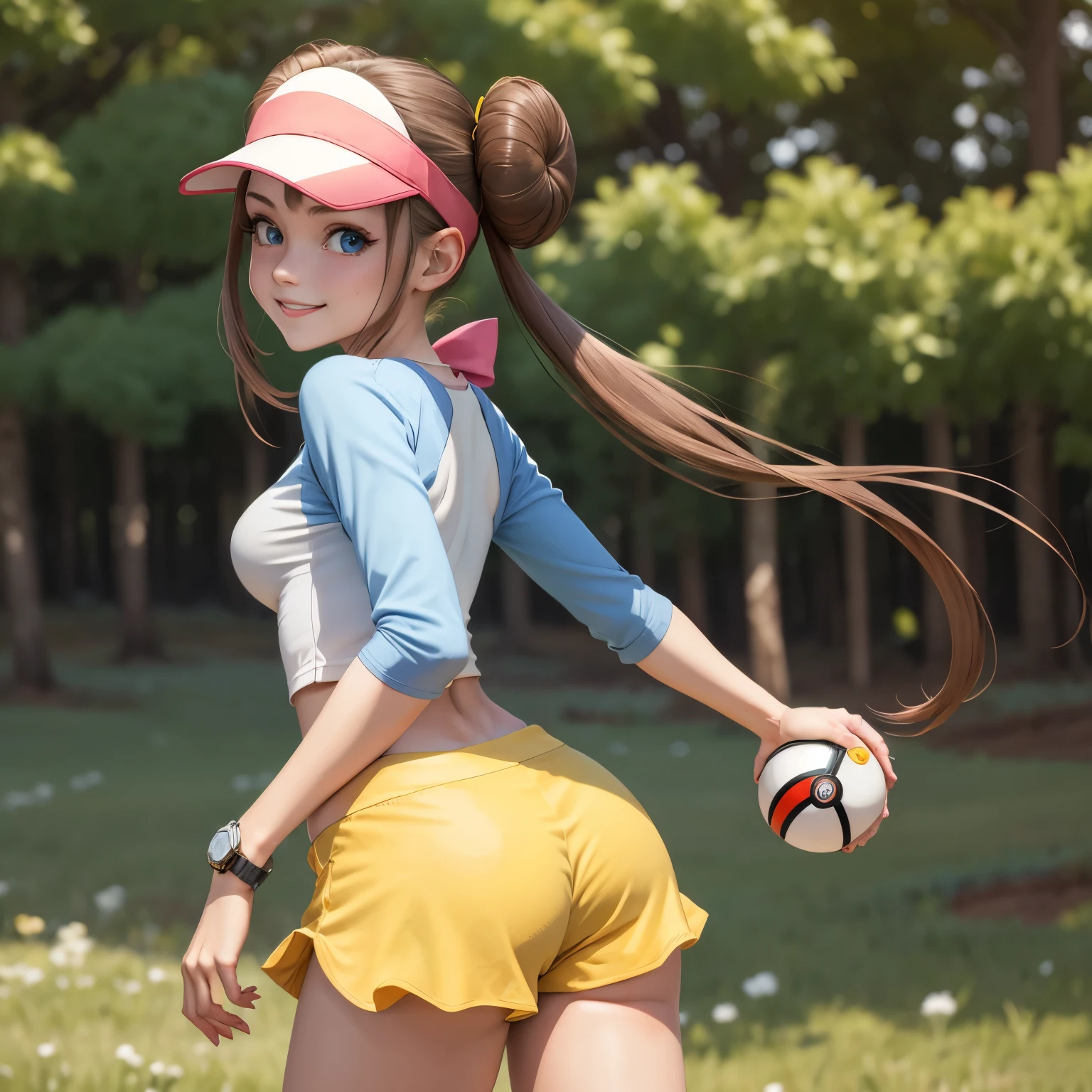 masterpiece, best quality, high resolution, ro1, hair bun, blue eyes, twintails, cap with visor, tights, raglan sleeves, yellow shorts, shirt, pink bow, wrist watch, standing, cowboy shot , field, \(basic\) pokeball, smile, perfect body, thin waist, perfect body, hot girl, ::slin hot girl, slim girl, big ass, hot ass