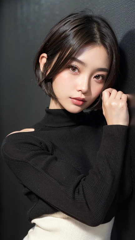 (((Face close-up)))、(((Brown, shoulder-length, straight short bob)))、(((She is posing like a model at a hair salon., Indoors, against a black wall.)))、(((Casual black winter long sleeves covering the shoulders)))、Half Japanese, Half Korean、18-year-old girl、Independent、I&#39;m looking forward to、Light eye makeup、Brown Hair Color、Flat 、Hair blowing in the wind、Quality of actress、Shiny, Ultra-realistic faces、smile、Watery eye、look up、Subtle lighting effects、 Ultra-Realistic Capture、Very detailed、High resolution 16K human skin closeup。Skin texture must be natural、The detail must be such that the pores are clearly visible.、skin is healthy、Even Tone、Use natural light and colour、Worn out, High quality photos taken by modeling agencies&#39;In-house photographer.、smile、(((Sigma 300mm F/1.4,1/1000 sec shutter,ISO400))) 