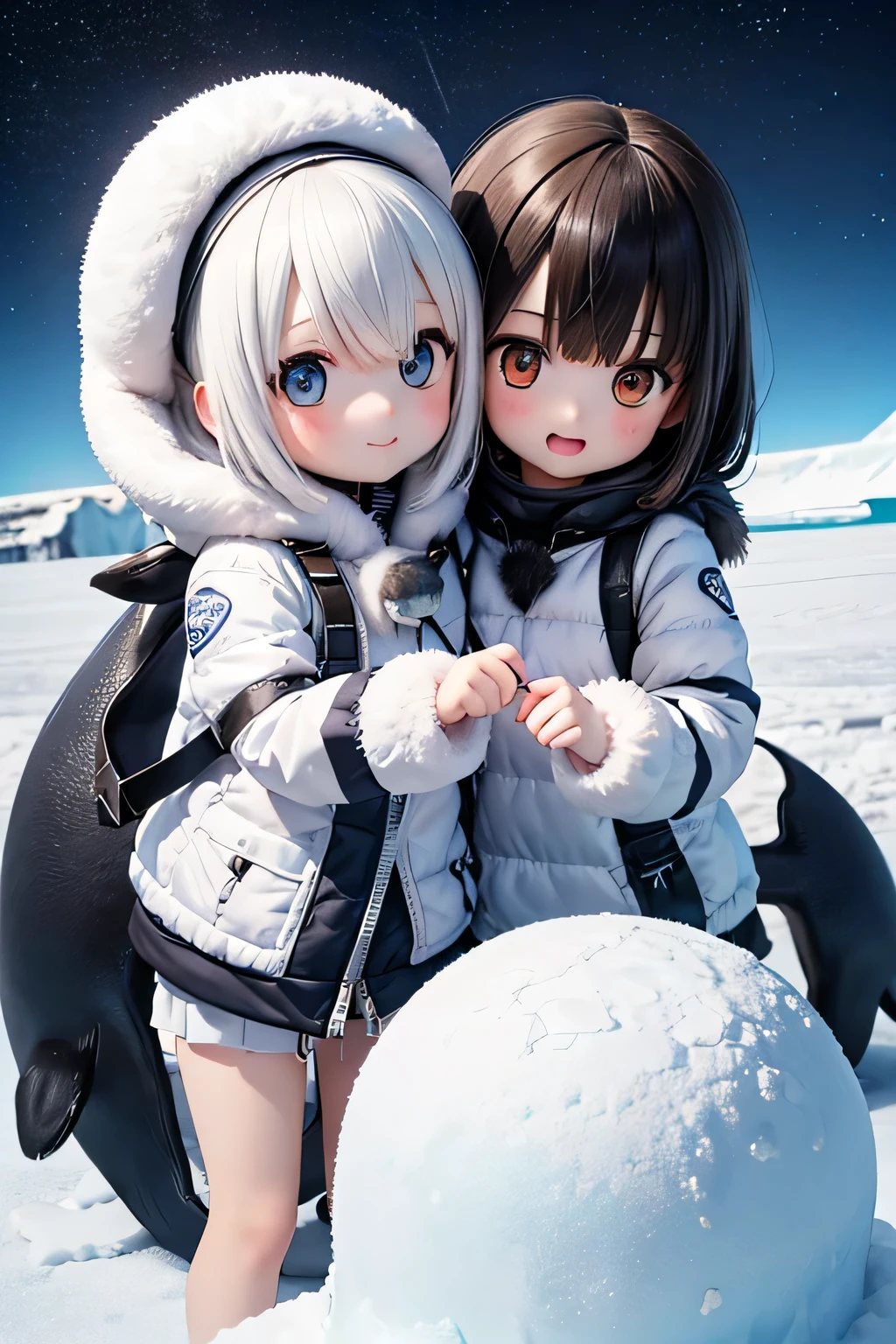 Highest quality、High resolution、Detailed Background、(Beautiful face in every detail:1.4)、Anatomically correct、(Normal number of fingers:1.2)、(Detailed eyes:1.2)、age beauty、Highly detailed face、Perfect body line、Light color hair、ponytail、Bobcut、well-groomed eyebrows、cute gesture、The natural beauty of Antarctica、Enjoy in nature、The mysterious atmosphere of Antarctica、
(Two girls enjoying the nature in Antarctica:1.5)、
Small penguins wrapped in fluffy feathers look at me curiously.、I quietly approached the penguins, stretched out my hands, and enjoyed the small interactions.、Zodiac boat cruise on the ocean with giant icebergs floating、The glittering iceberg looks like a jewel box.、I'm clinging to the window and admiring the magnificent view.、
The night sky is filled with stars、There are so many stars shining like I've never seen before、While snuggling in a sleeping bag with friends and looking up at the stars「Are there aliens??」I'm talking to、
Walking on snowshoes across the white snow、They are having fun with their friends, having snowball fights and making snowmen.、
I am overwhelmed by the size of the Antarctic wilderness, but also moved by its beauty.、I find adventures with friends to be a lot of fun.、Through my experience in Antarctica, I began to think deeply about the importance of nature and global environmental issues.、The moment I stepped into the pure white world of Antarctica、The girl's eyes lit up、Every time she touched the fluffy penguins and saw the huge icebergs up close, the girl's words always『amazing!』It was full of the words、The sight of them chatting with their friends under the starry sky was like a pair of little explorers.、This experience must have been a memory that the girl will never forget.、cute