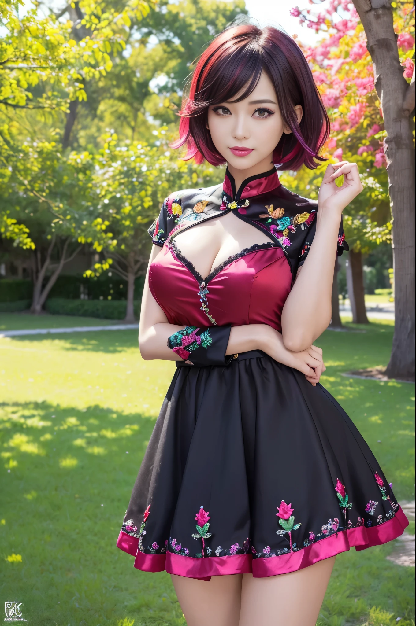 (masterpiece:1.4), (best quality:1.4), ultra high res, ultra high resolution, ((detailed facial features)), HDR, (realistic, photorealistic, photo-realistic:1.37), full body Esbian, sexy Vietnamese model, (-anime), vivid colors, ((vivid colors multicolor (red, fuchsia) very short hair)), (big smile), lip-gloss, long lashes, ultra detailed metallic makeup, defined eyebrows, wearing large sparkling colorful jewelery, wearing a red silk Paradise Kiss cosplay dress with black floral embroidery, ((vivid colors outfit)), vivid colors, look at the camera, cinematic light, large park background with trees, sweet and sexy pose