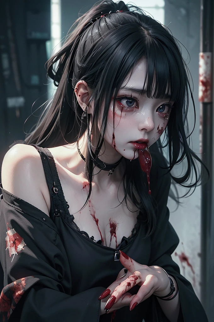 Highest quality, masterpiece, look up, cute,(Horror),(((Beautiful zombie girl))),Dead,Trying to bite,(((Bleeding,Injured))),(((Shedding tears of blood))),((口からBleeding)),((Covered in blood)),(Sexy),(sexy),((Small breasts)),,(Middle scair,ponytail,((Masturbation)),(((Blowjob))),Beautiful Style,((Pale skin)),Sensual look,Embarrassed,Sexy表情,Expressions of delight,(Dark atmosphere),(Dark atmosphere,fear),((Dim lighting))