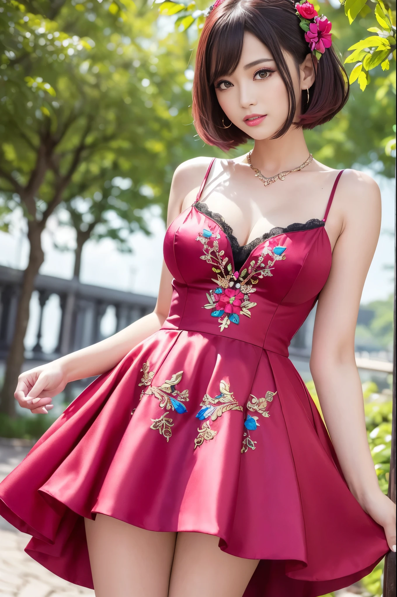 (masterpiece:1.4), (best quality:1.4), ultra high res, ultra high resolution, ((detailed facial features)), HDR, (realistic, photorealistic, photo-realistic:1.37), full body Esbian, sexy Vietnamese model, (-anime), vivid colors, ((vivid colors multicolor (red, fuchsia) very short hair)), (big smile), lip-gloss, long lashes, ultra detailed metallic makeup, defined eyebrows, wearing large sparkling colorful jewelery, wearing a red silk Paradise Kiss cosplay dress with black floral embroidery, ((vivid colors outfit)), vivid colors, look at the camera, cinematic light, large park background with trees, sweet and sexy pose