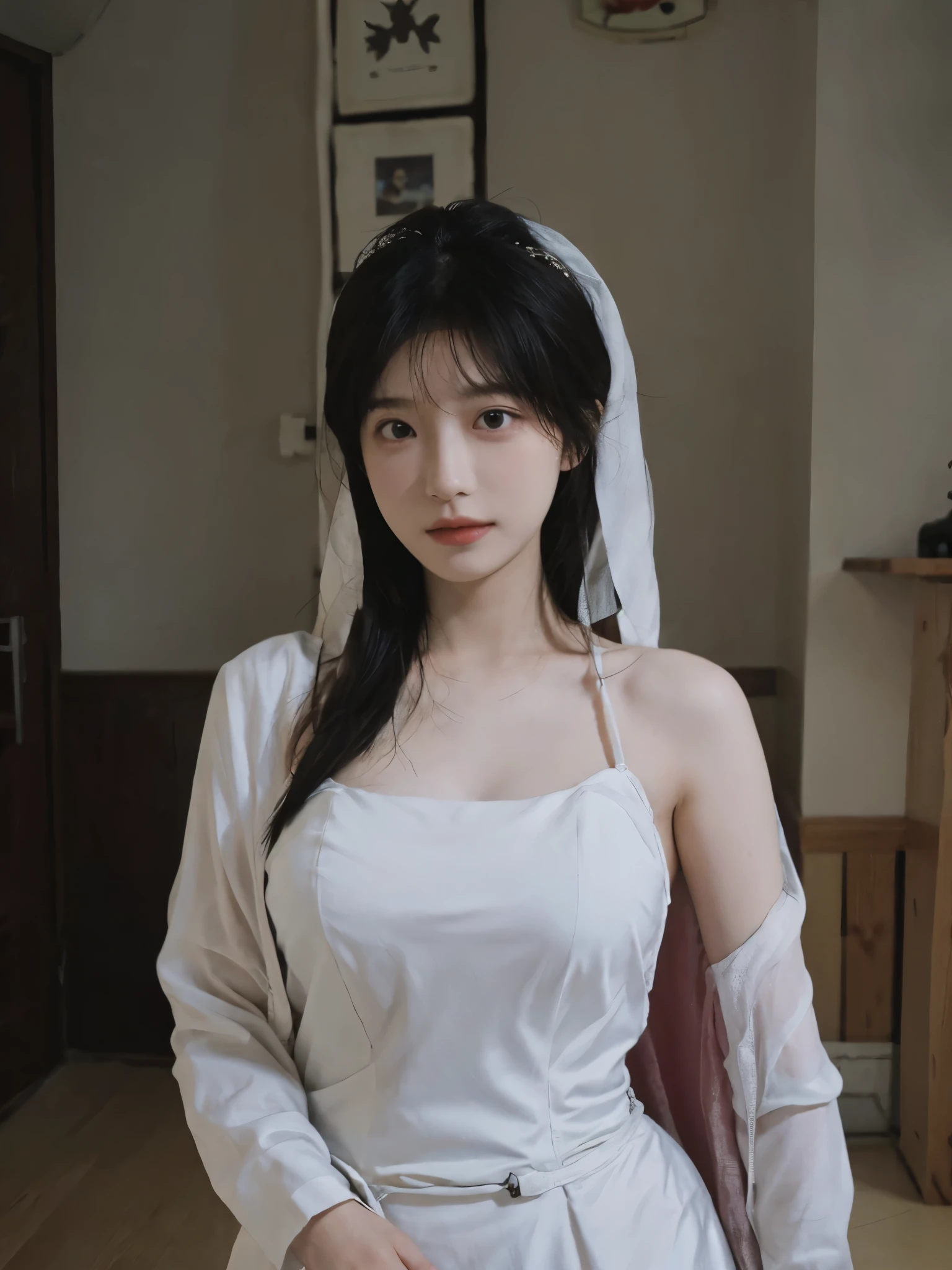 Portrait photography,1 girl,veil,Hollow wedding dress,Floor length wedding dress,Wedding dress background,(whole body:1.4),Exposed breasts,(Big breasts:1.4),(Realistic and detailed eyes,Natural skin texture,Realistic facial details),